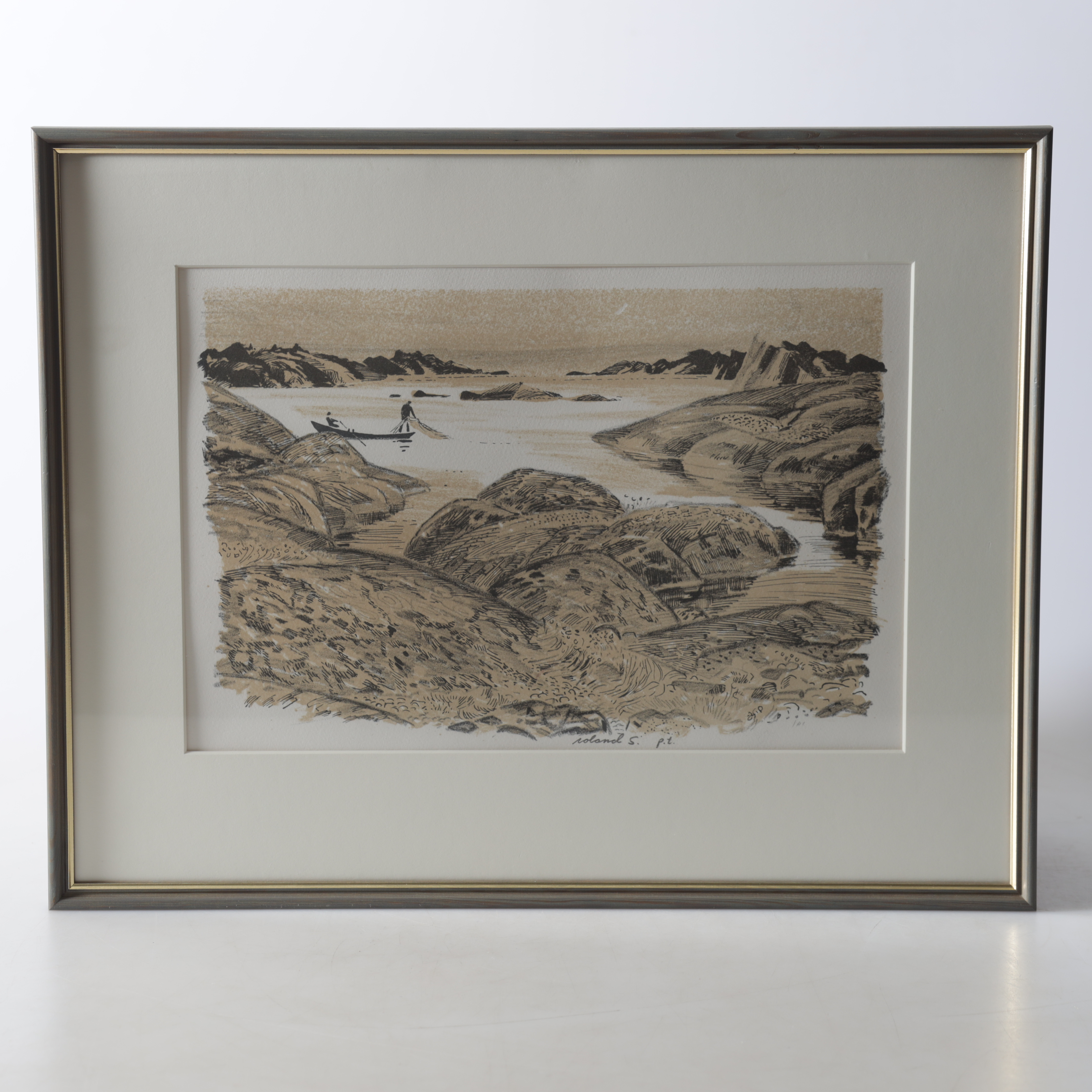 ROLAND SVENSSON. Färglitografi, nätfiskare i skärgården, provtryck, signerad.