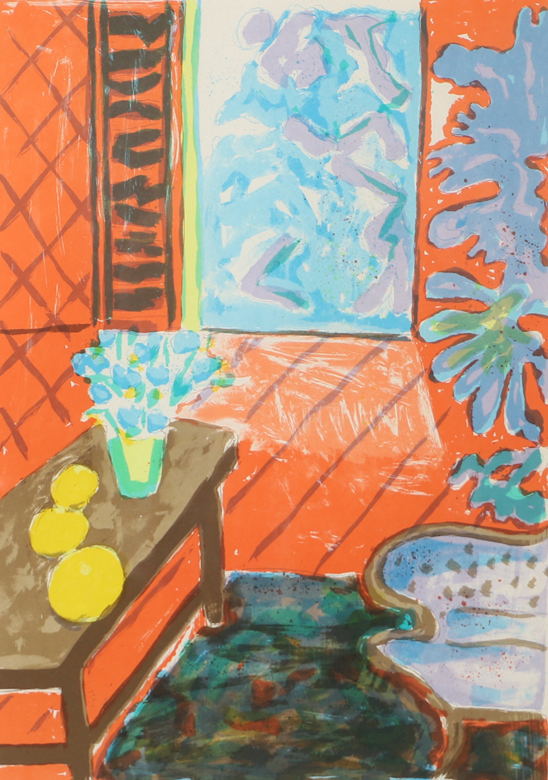 ROLAND K. NILSSON. Röda rummet, färglitografi, signerad.