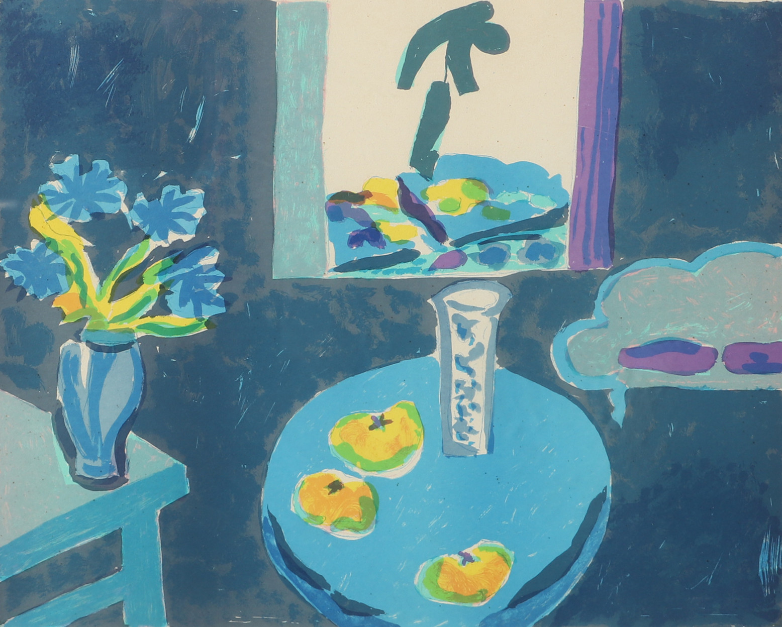 ROLAND K. NILSSON. Blå rummet, färglitografi, signerad.