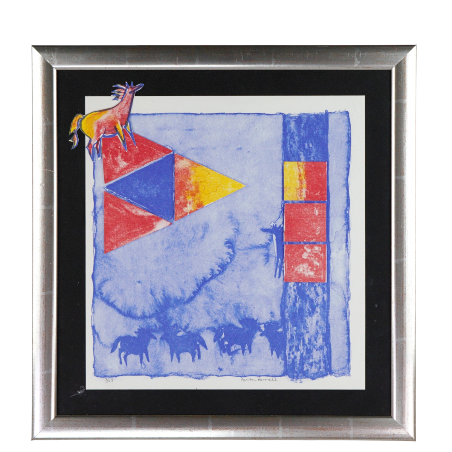 ANITA FORSELL. Blandteknik på papper, 3/150, komposition med hästar, signerad.