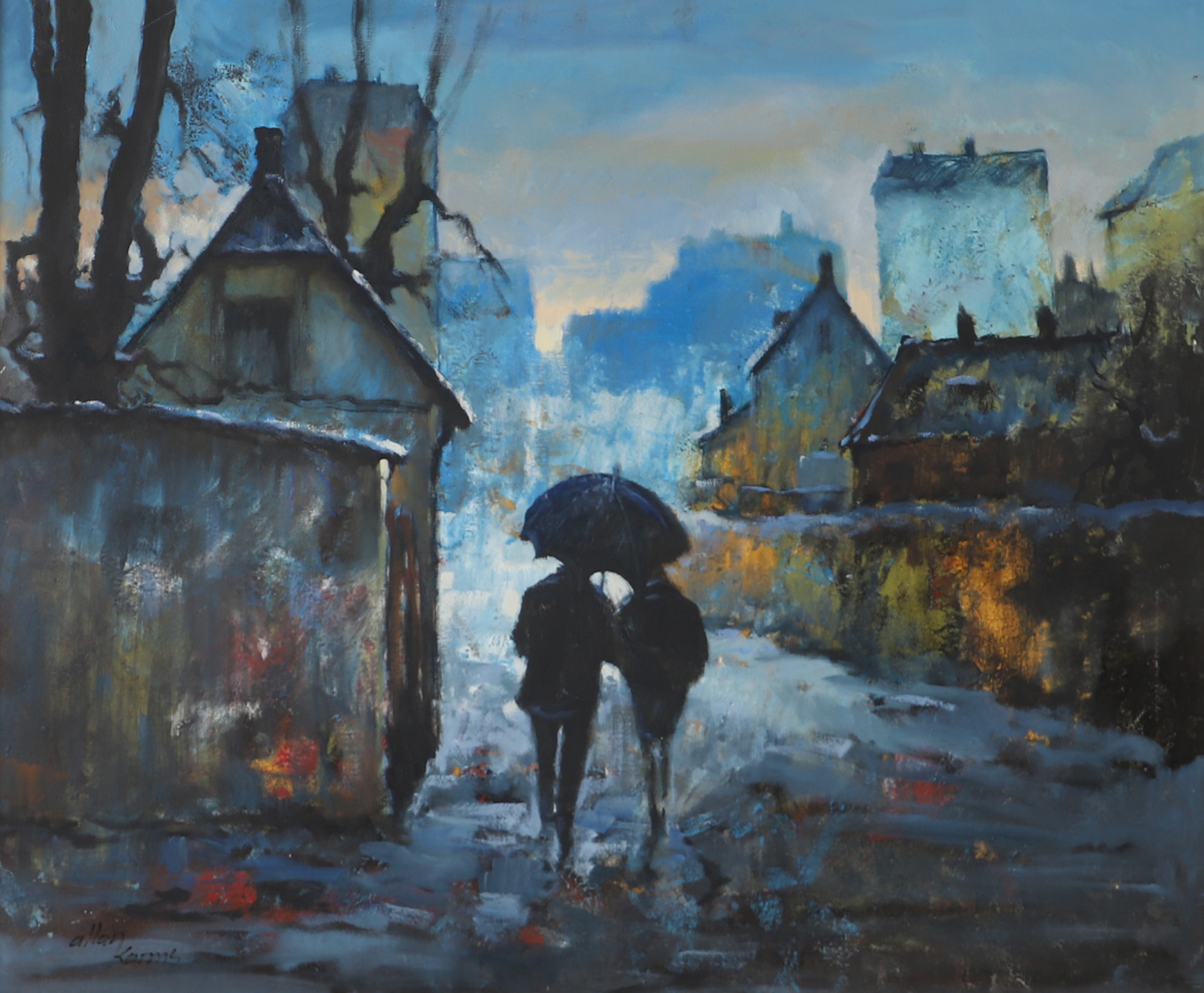 ALLAN KARMS. Promenad med paraply, olja på duk, signerad.