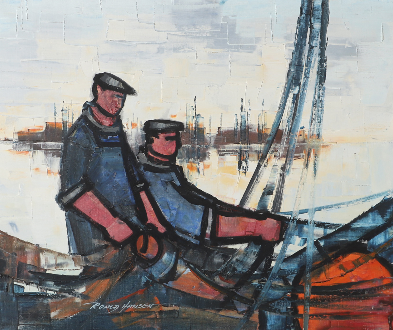 ROALD HANSEN. Fiskargubbar, olja på duk, signerad.