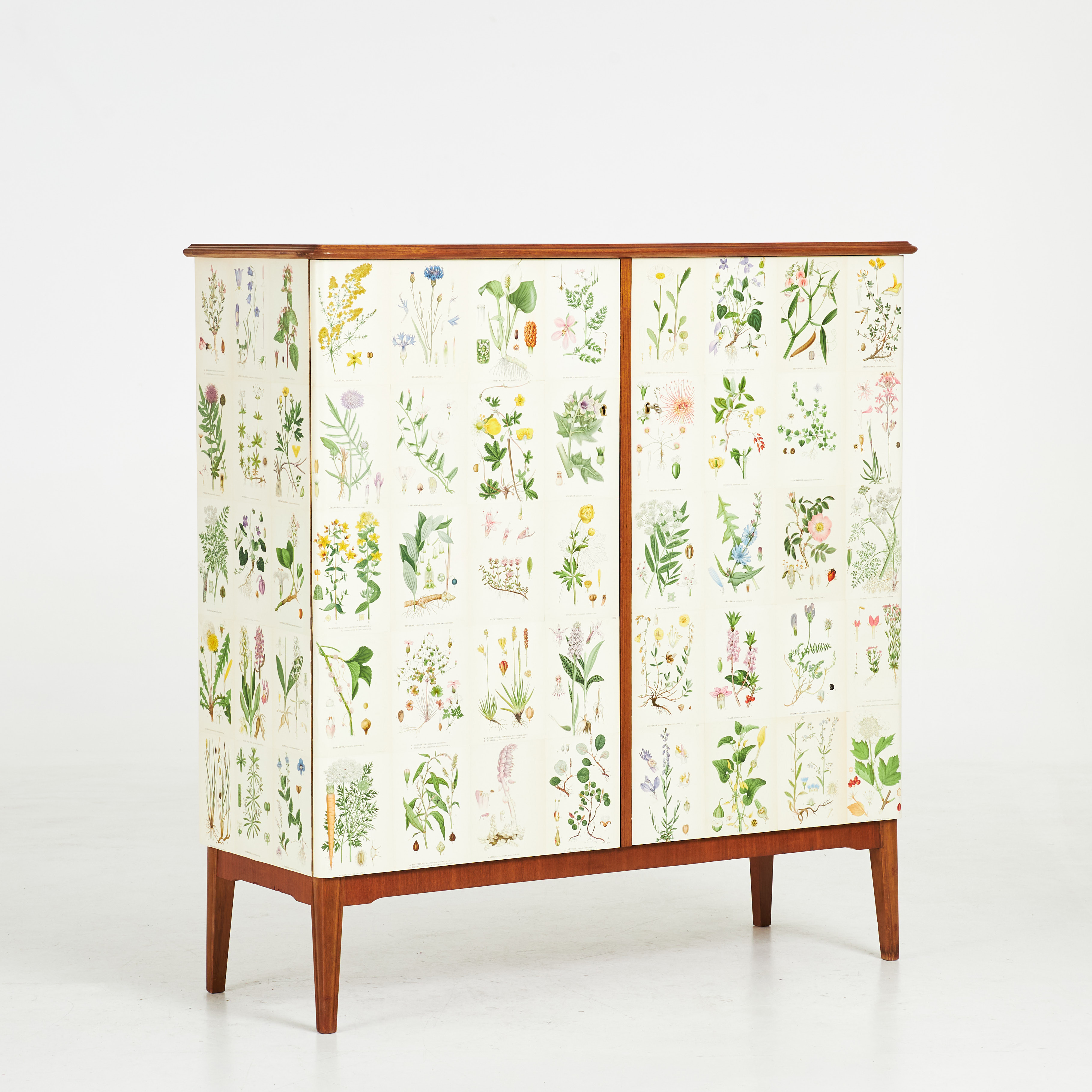 SKÅP, omkring 1900-talets mitt, stomme i mahogny, senare tapetserad med blad av Nordens Flora, invändigt med flyttbara hyllplan samt lådor.