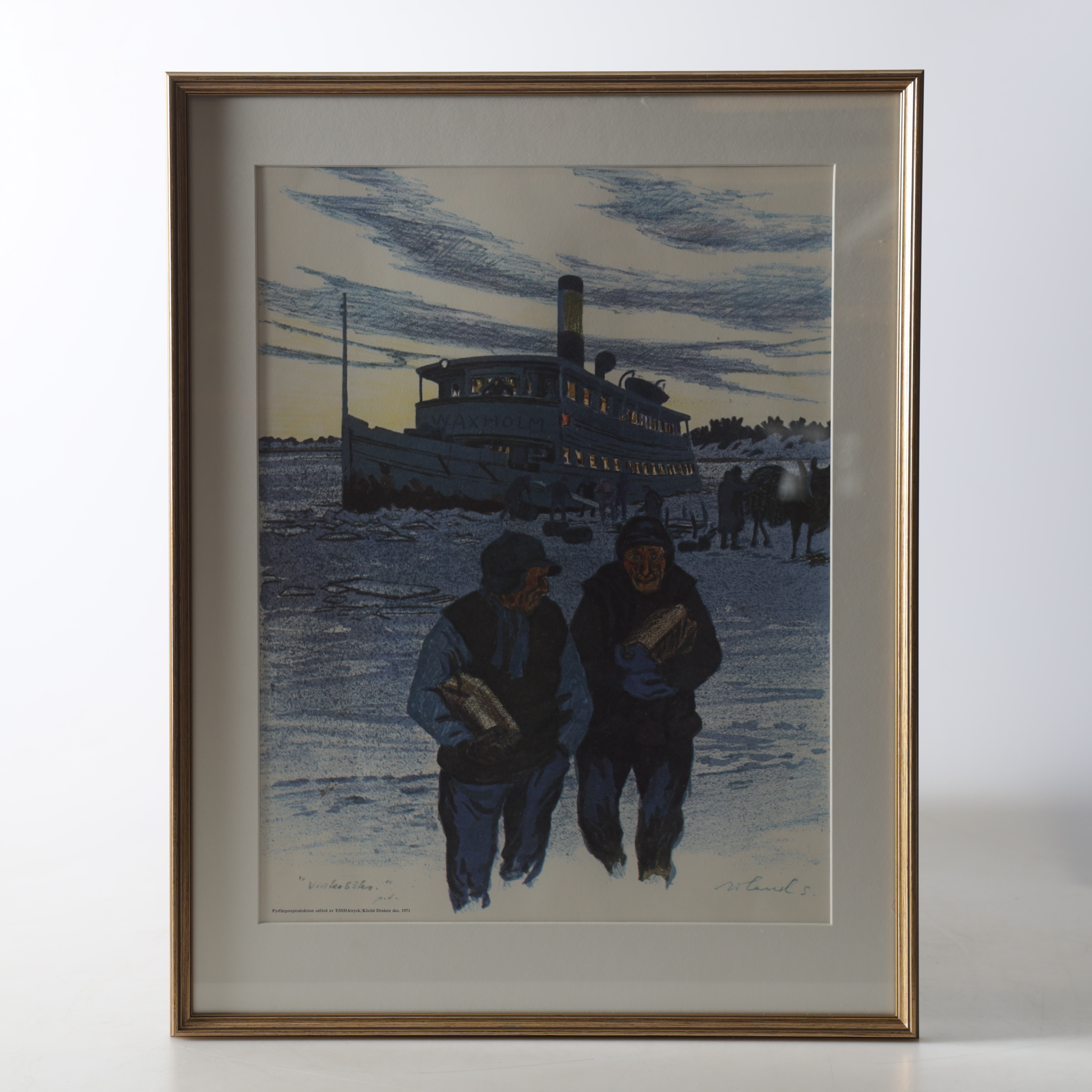 ROLAND SVENSSON. Reproduktion, "Vinterbåten", signerad i trycket.