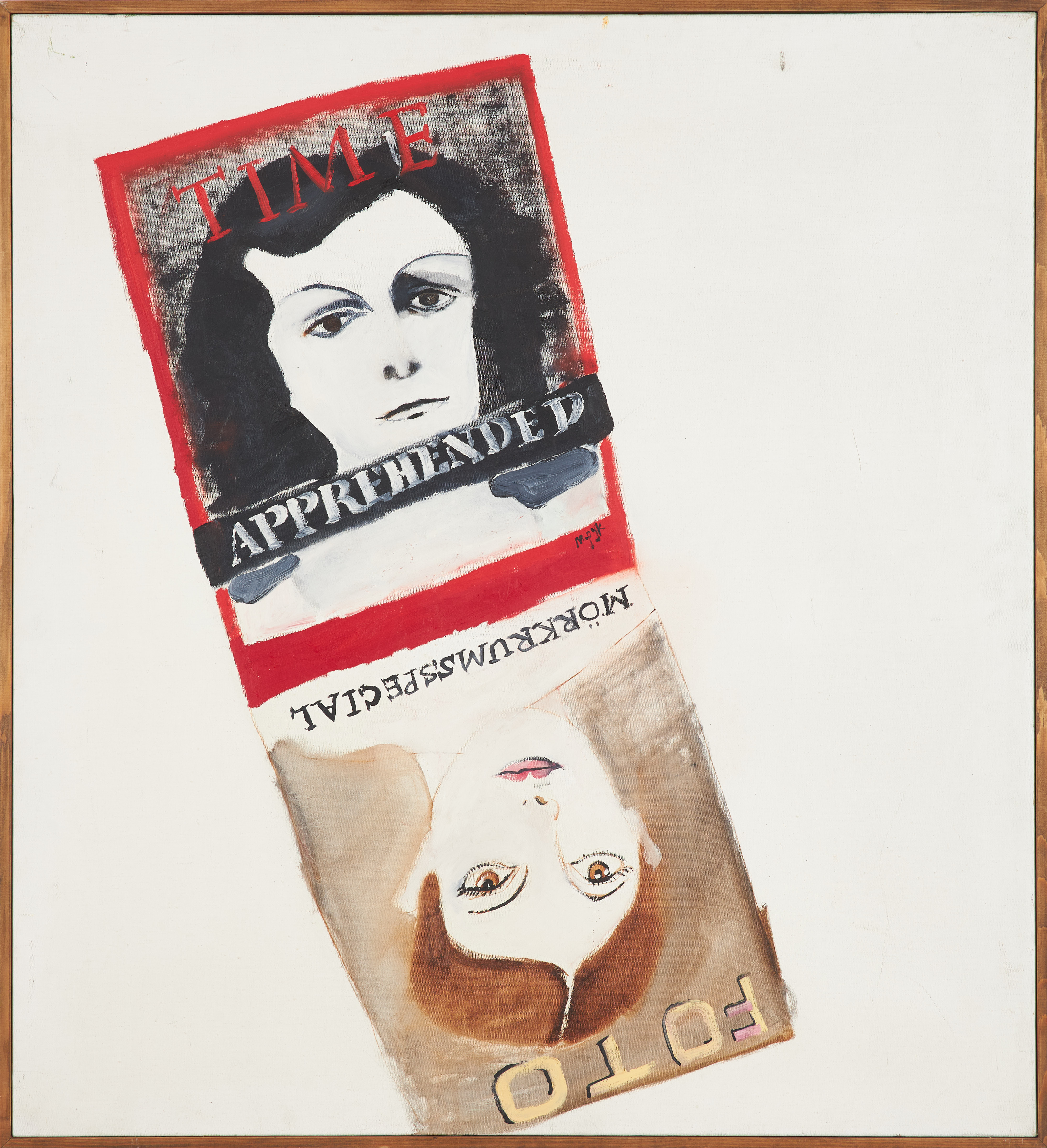 MADELEINE PYK. Motiv med tidningsomslag, olja på duk, signerad.