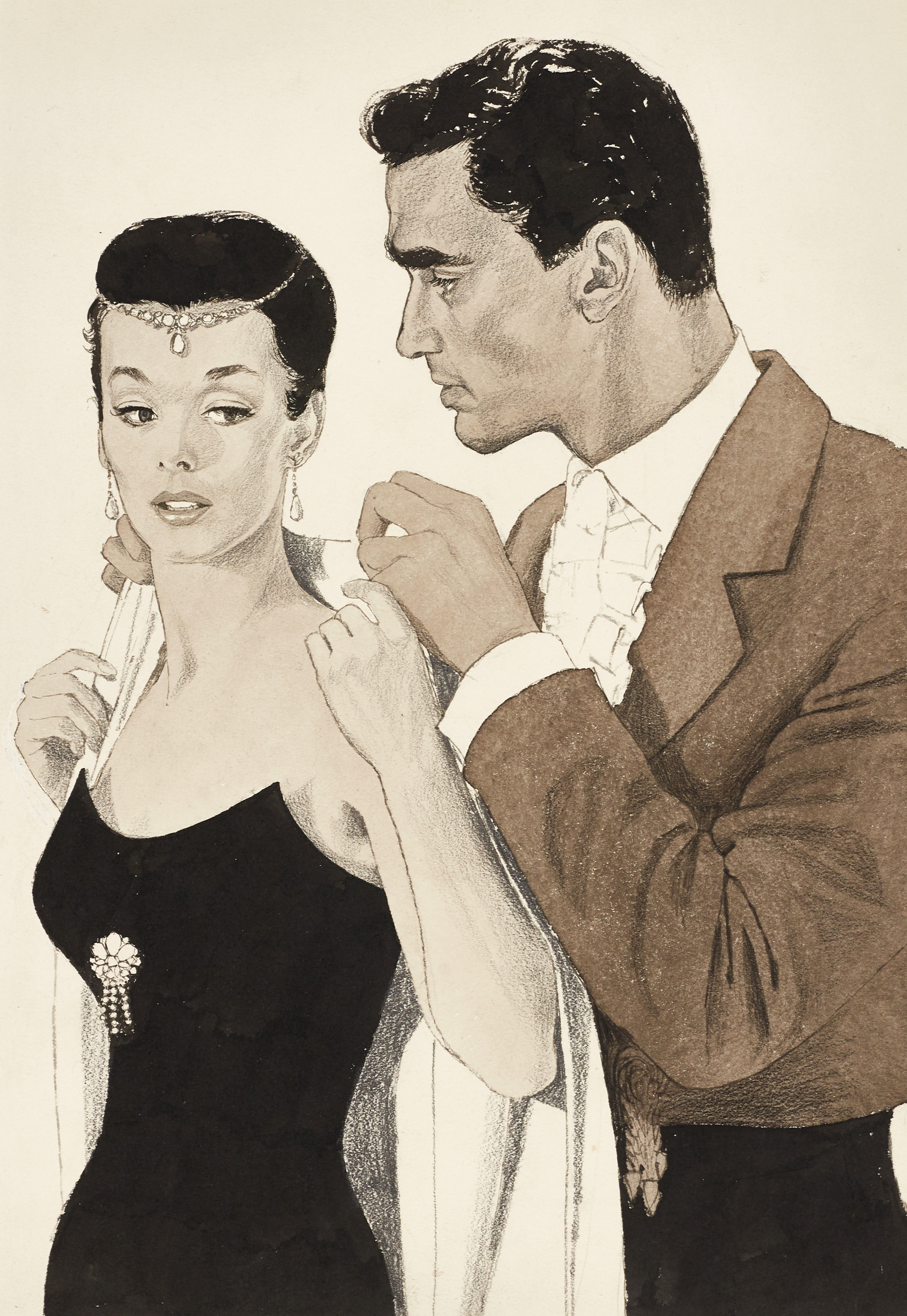 GERD MILLER (1925-1988) Tillskriven. Klädda till fest, tuschlavering och blyerts på papper.