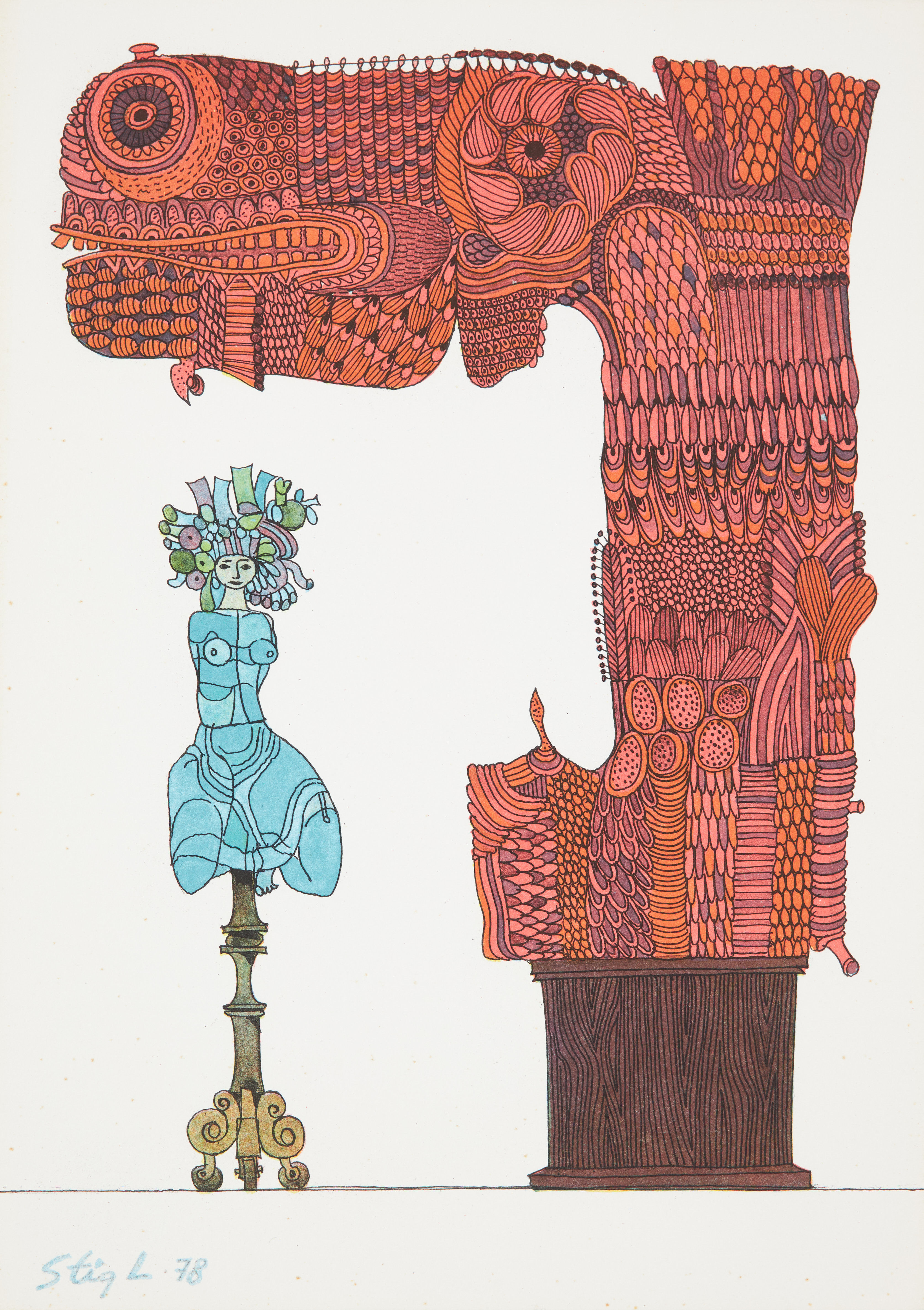 STIG LINDBERG. "Sköheten och odjuret", färglitografi, signerad samt daterad i trycket samt daterad Stig L -78.