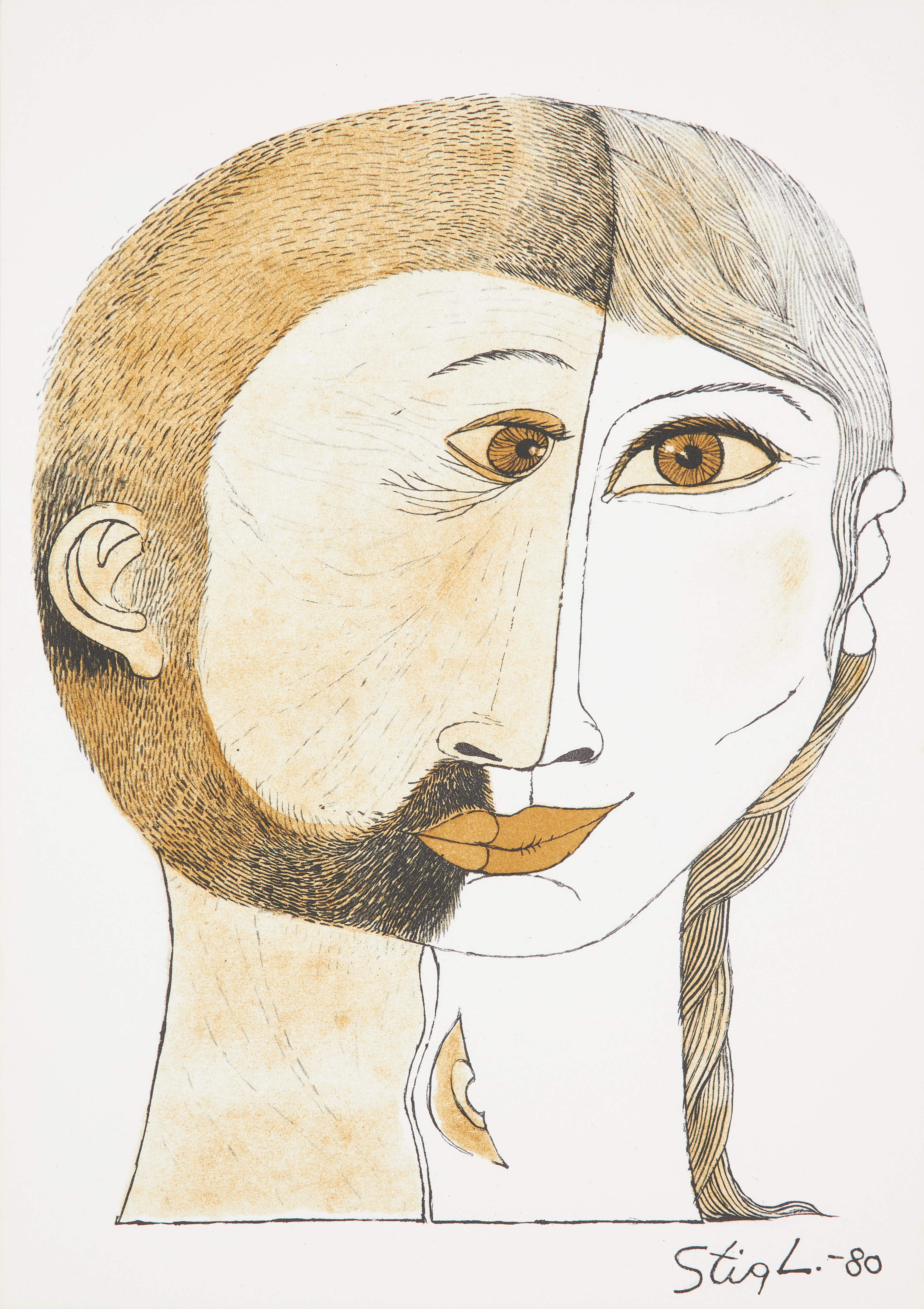 STIG LINDBERG. ansikten, färglitografi, signerad och daterad i trycket Stig L -80.