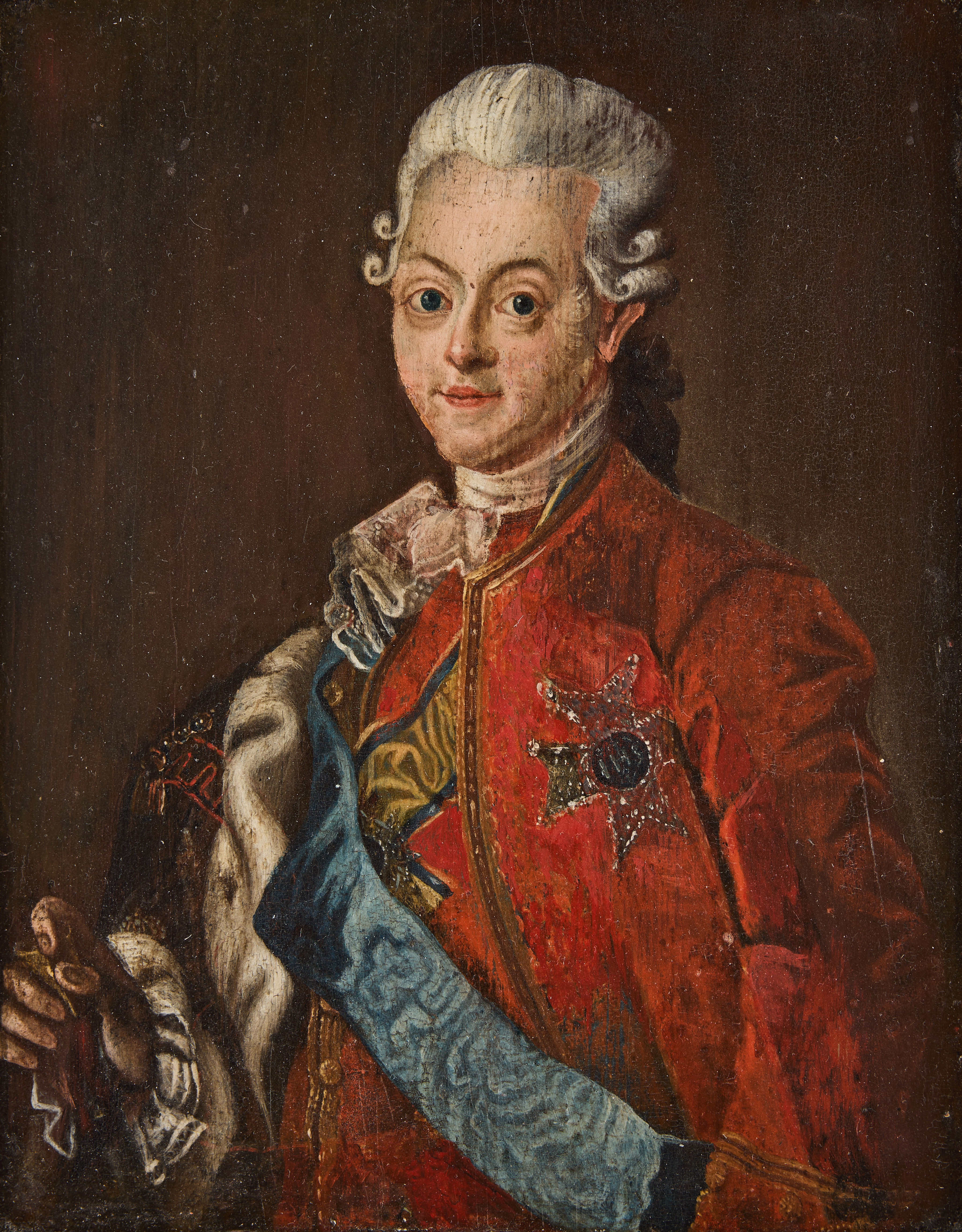 LORENS PASCH D.Y. (1733-1805). Efter, 1700-talets tredje kvartal. Porträtt föreställande kronprins Gustav (1746-1792), klädd i röd sammetsrock med silverbrodyr, bärandes Serafimerordens ljusblå band och kraschan, Svärdsordens kommendörstecken i band om halsen.