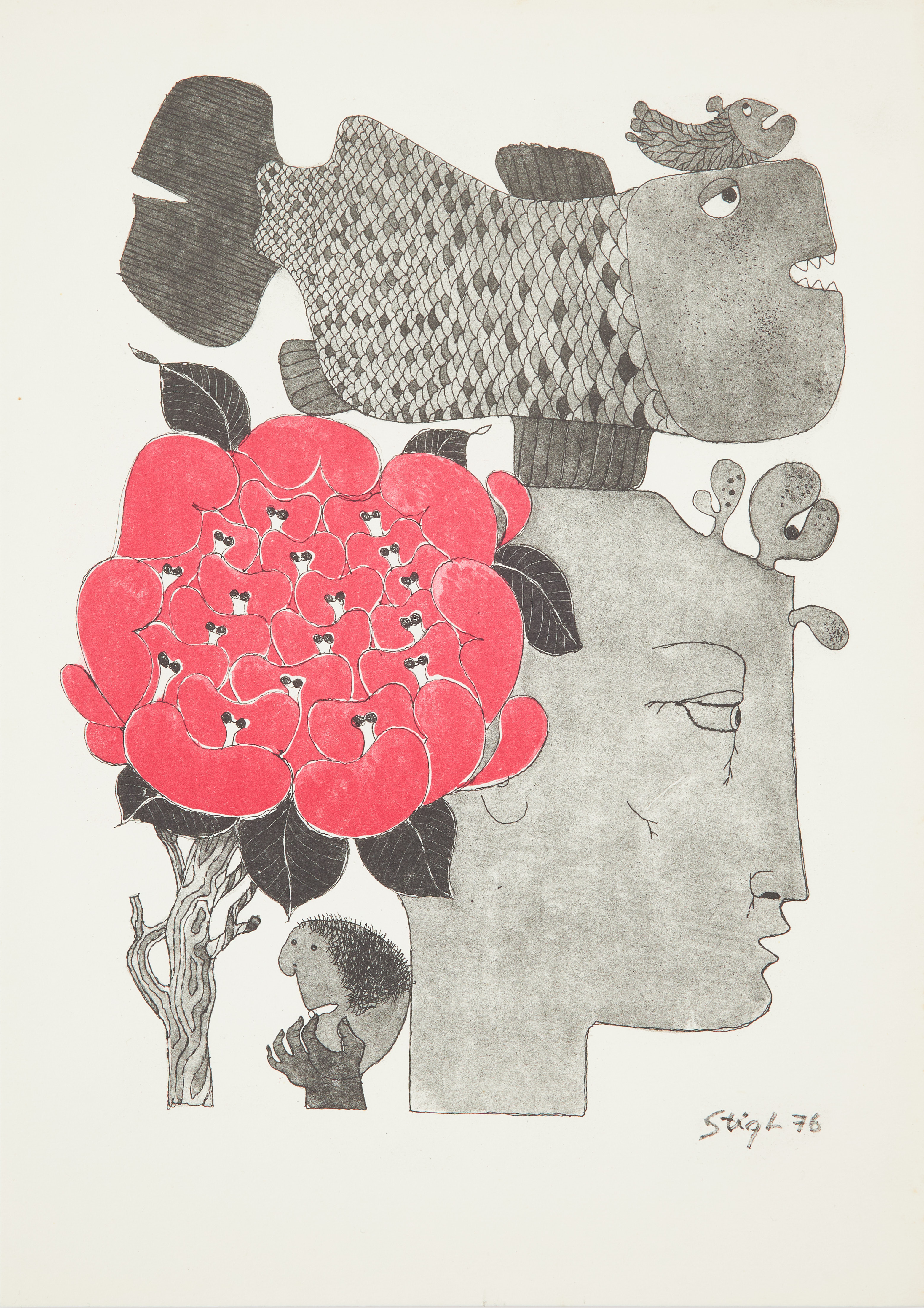 STIG LINDBERG. figurkomposition, färglitografi, signerad i trycket samt daterad -76.