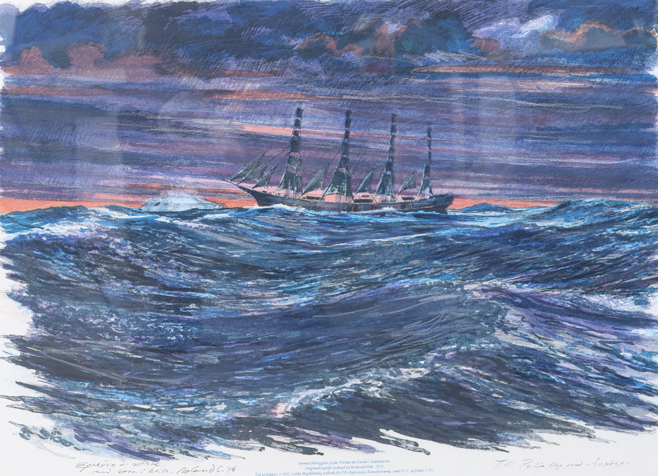 ROLAND SVENSSON. Reproduktion, fyrmastrullriggare, signerad.