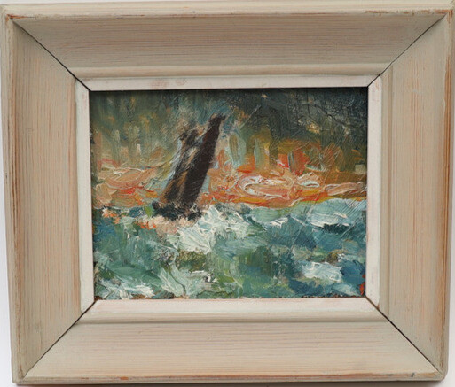 ÅKE WICKSTRÖM. Havsbild med båt, oljemålning på pannå, signerad.