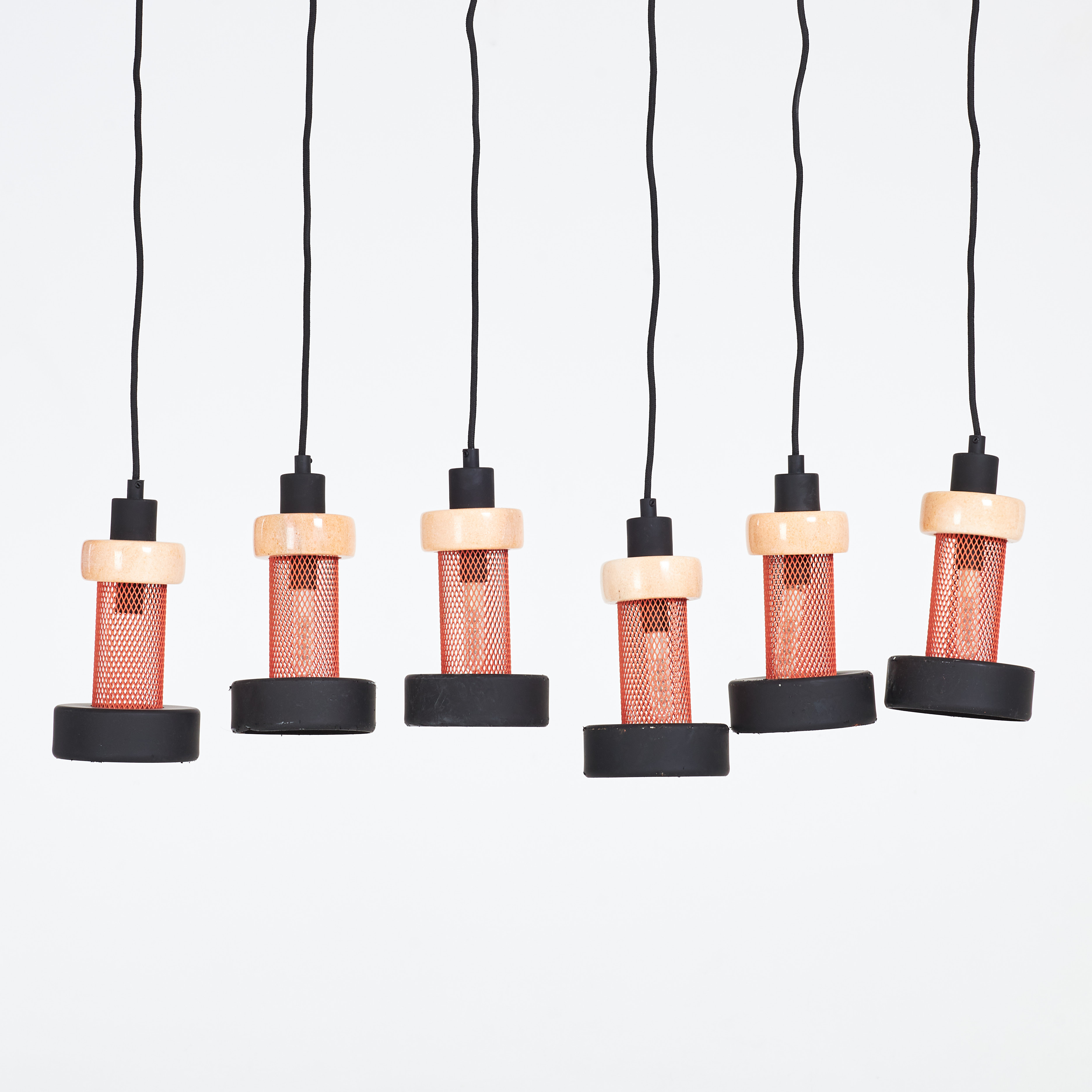 FRANDSEN LIGHTNING. Pendelarmaturer, 6 st, Danmark, lackerad, samt gummerad yta, etikettmärkt.