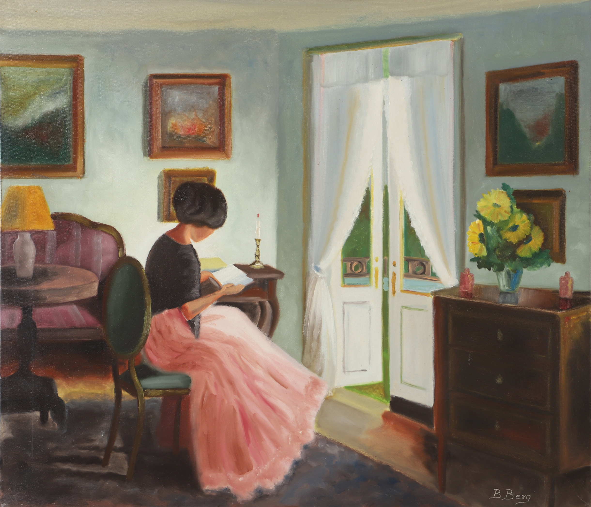 BENTE BERG. Interiör med läsande kvinna, olja på duk, signerad B. Berg.
