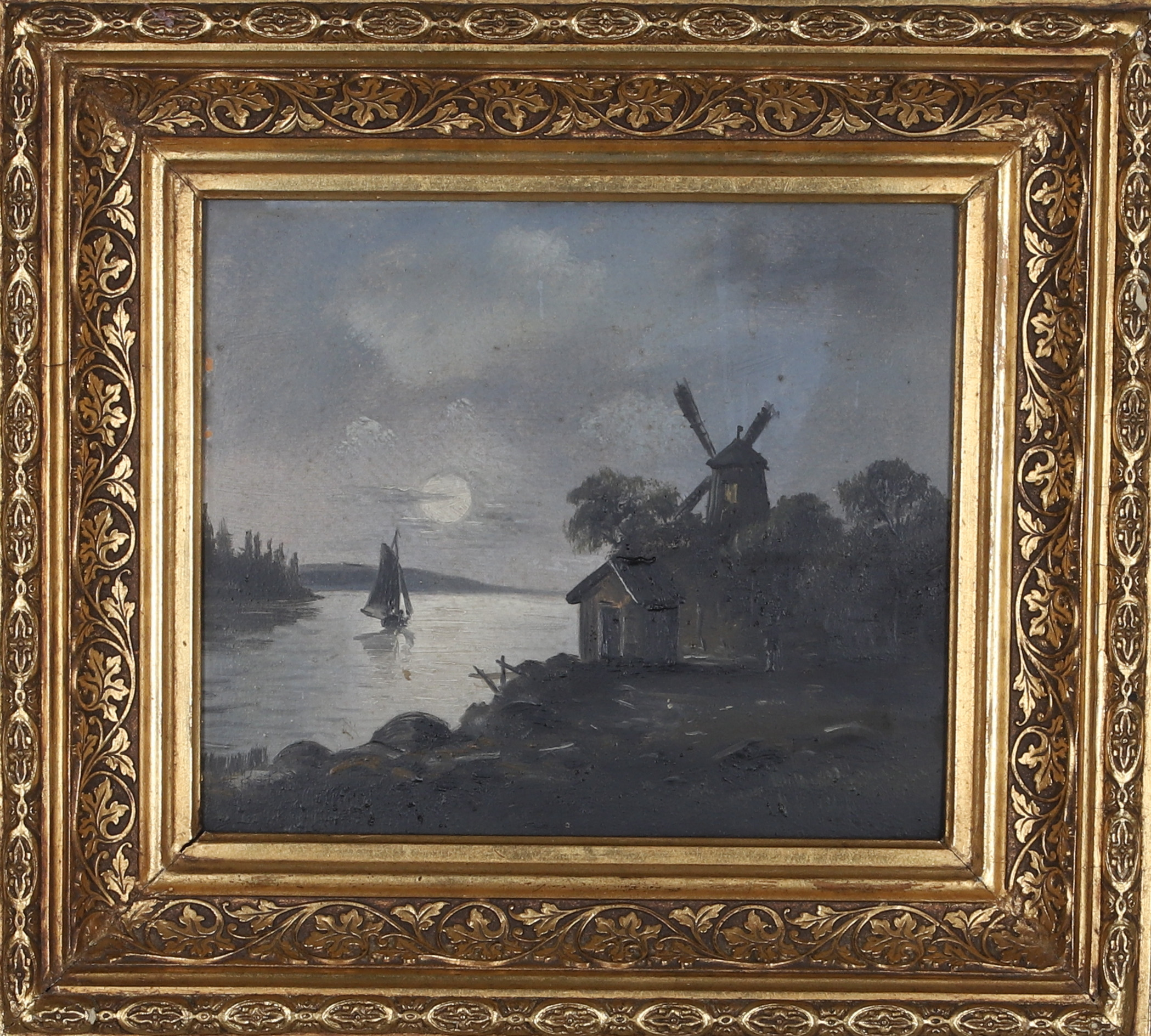 OKÄND KONSTNÄR, Olja på pannå, landskap i månsken.