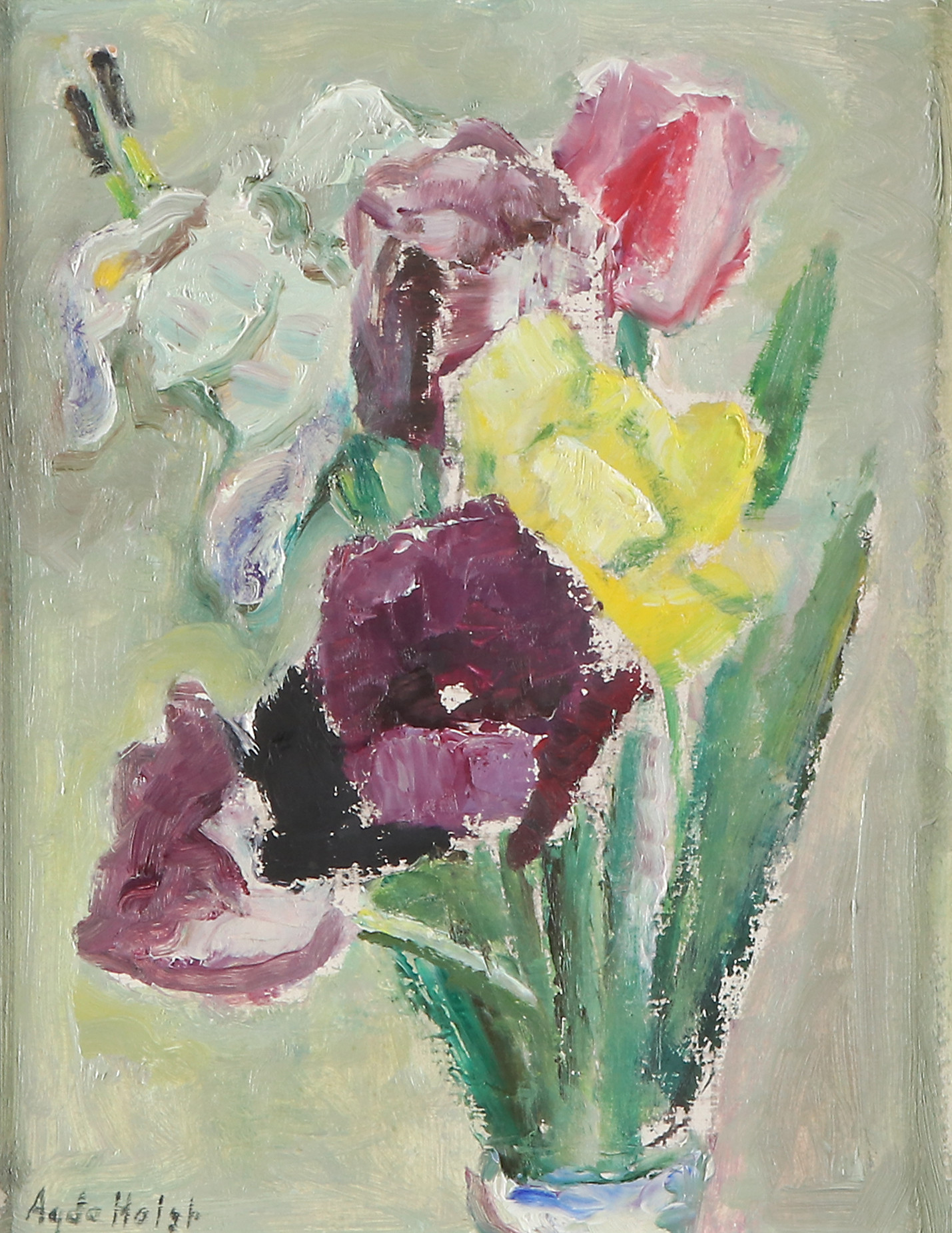 AGDA HOLST. Oljemålning på pannå. Stilleben med blombukett i vas. Signerad.