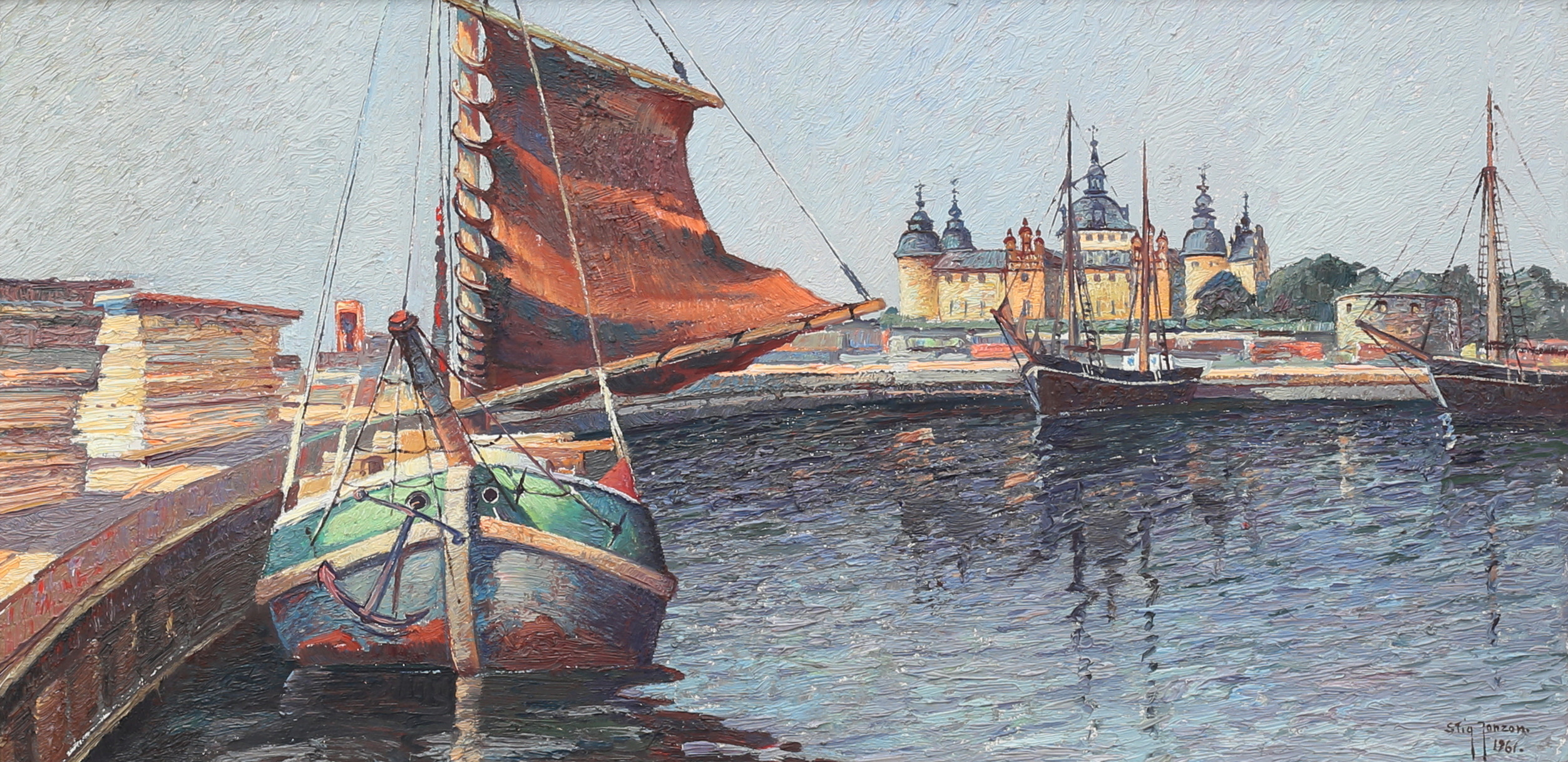 STIG JONZON. "Motiv från Kalmar hamn". Olja på pannå, signerad och daterad 1961.