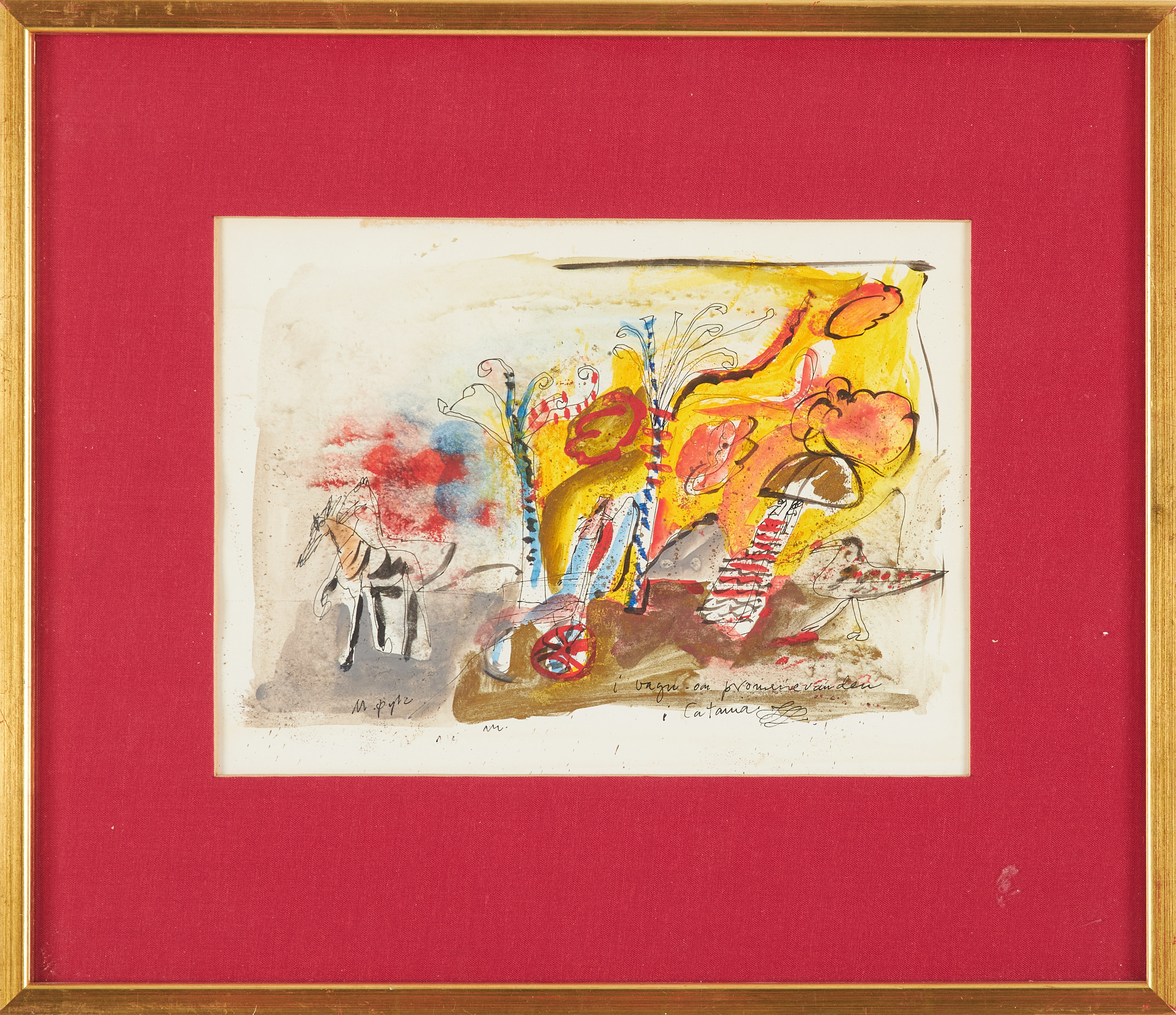MADELEINE PYK. Figurscen, hästar med vagn, Catana, akvarell/tusch, signerad.