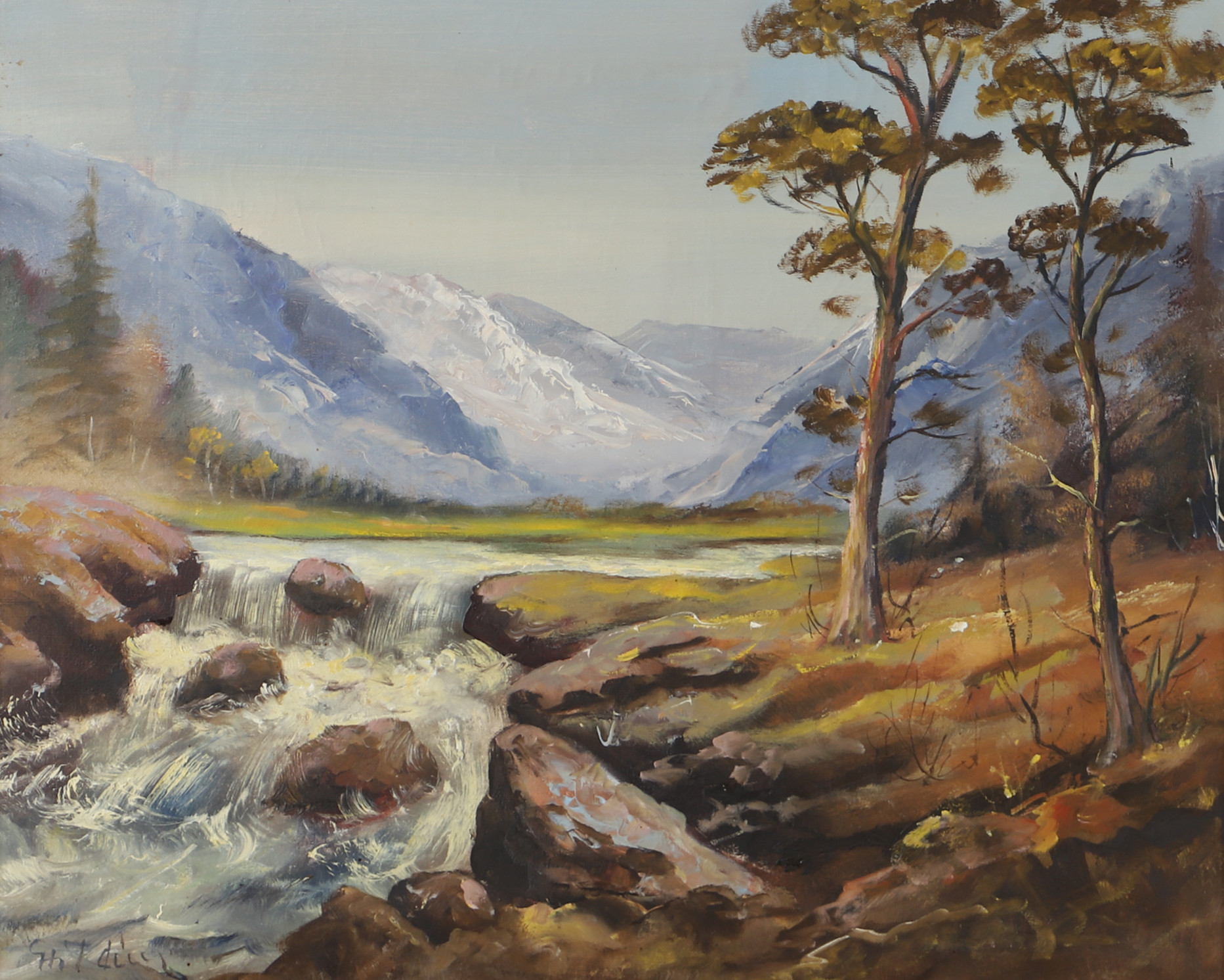 GÖSTA HILDING. Bergslandskap med fors, olja på duk, signerad.