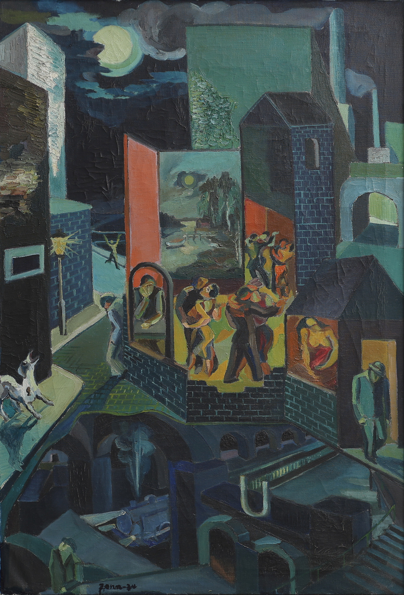 GUNNAR JONN. OLJA PÅ DUK, "GALEN HUND SKÄLLER PÅ MÅNEN", SIGNERAD OCH DATERAD 1934.