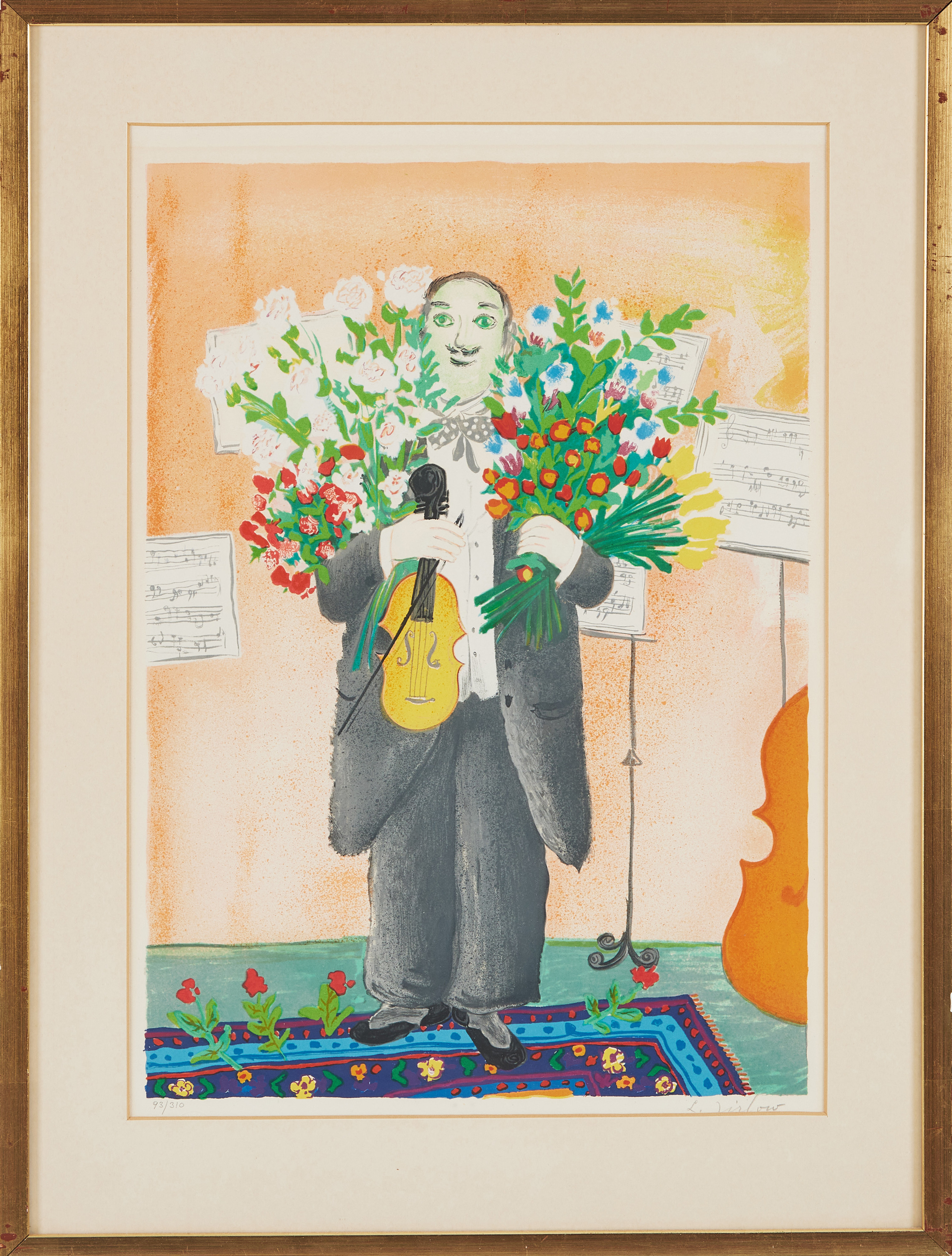 LENNART JIRLOW. "Violinist med blommor", 1978, färglitografi.
