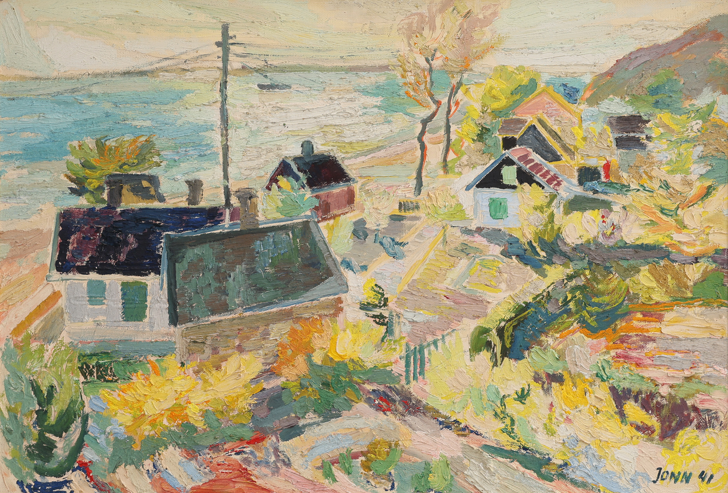 GUNNAR JONN. OLJA PÅ PANNÅ, "STUGOR I SOL, VEN", SIGNERAD OCH DATERAD 1941.