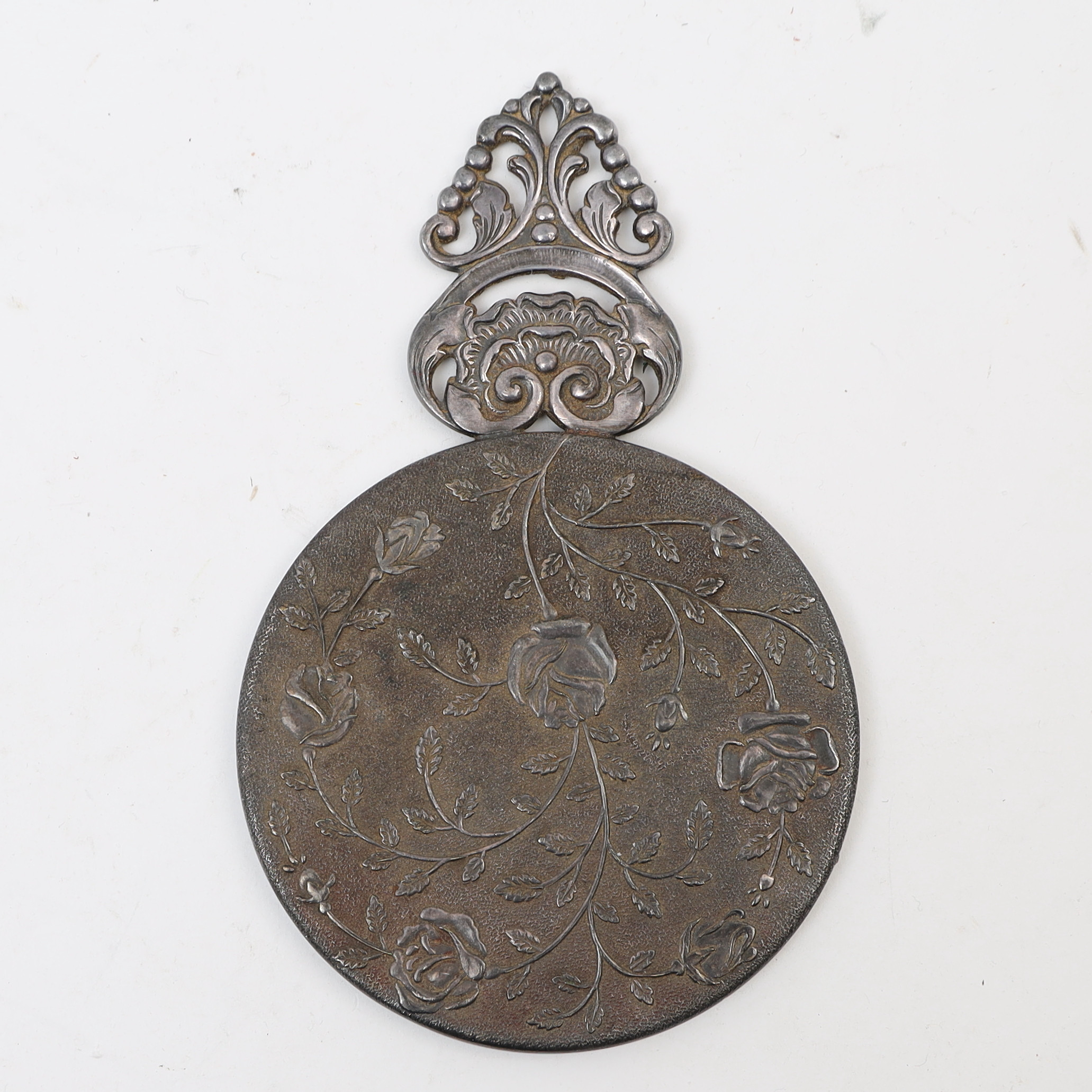 HANDSPEGEL, jugend, tidigt 1900tal, nysilver med reliefdekor av rosor.