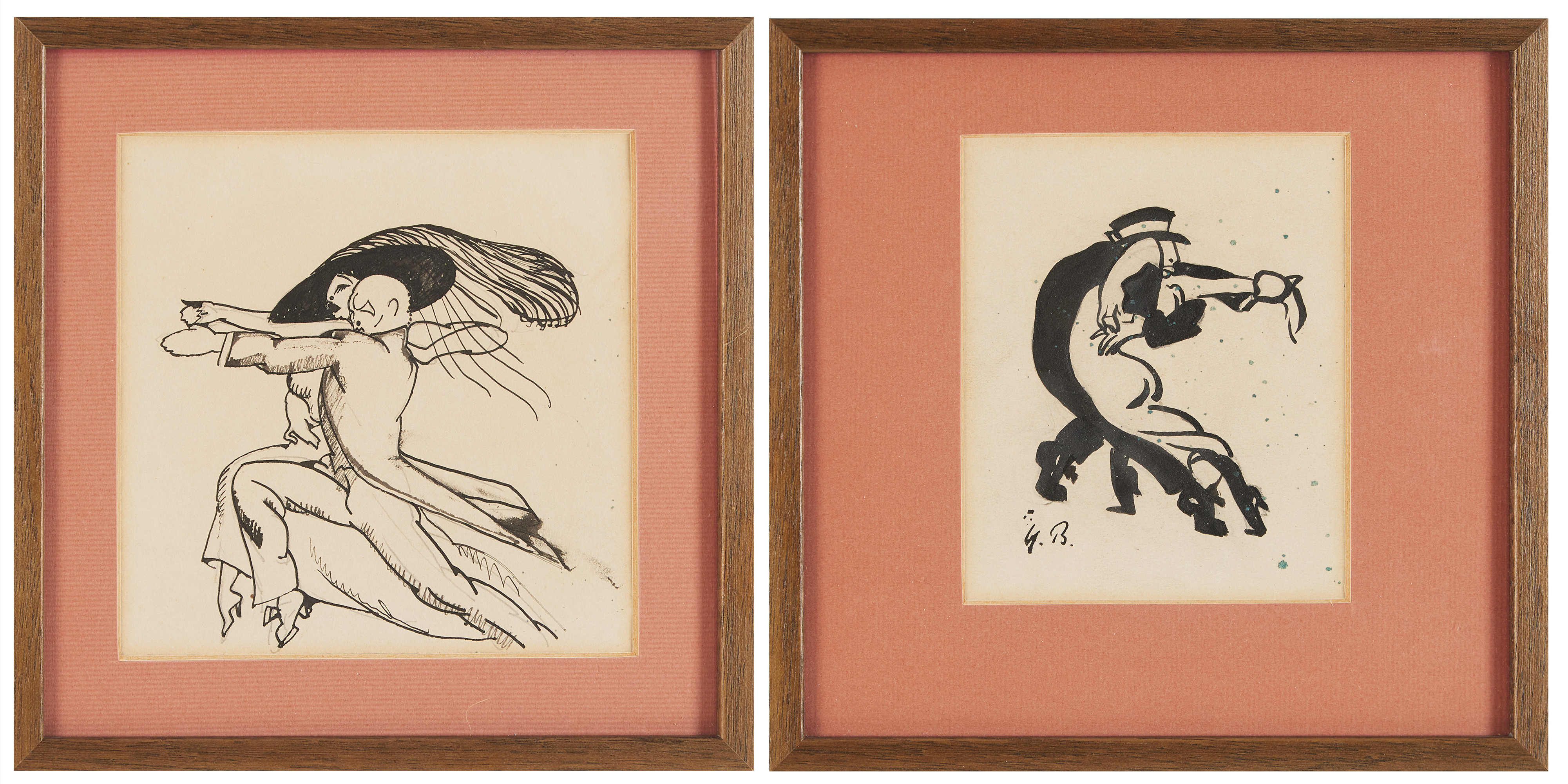 OIDENTIFIERAD KONSTNÄR, 1910/20-tal, dansande par, 2 tuschteckningar, en monogramsignerad GB.