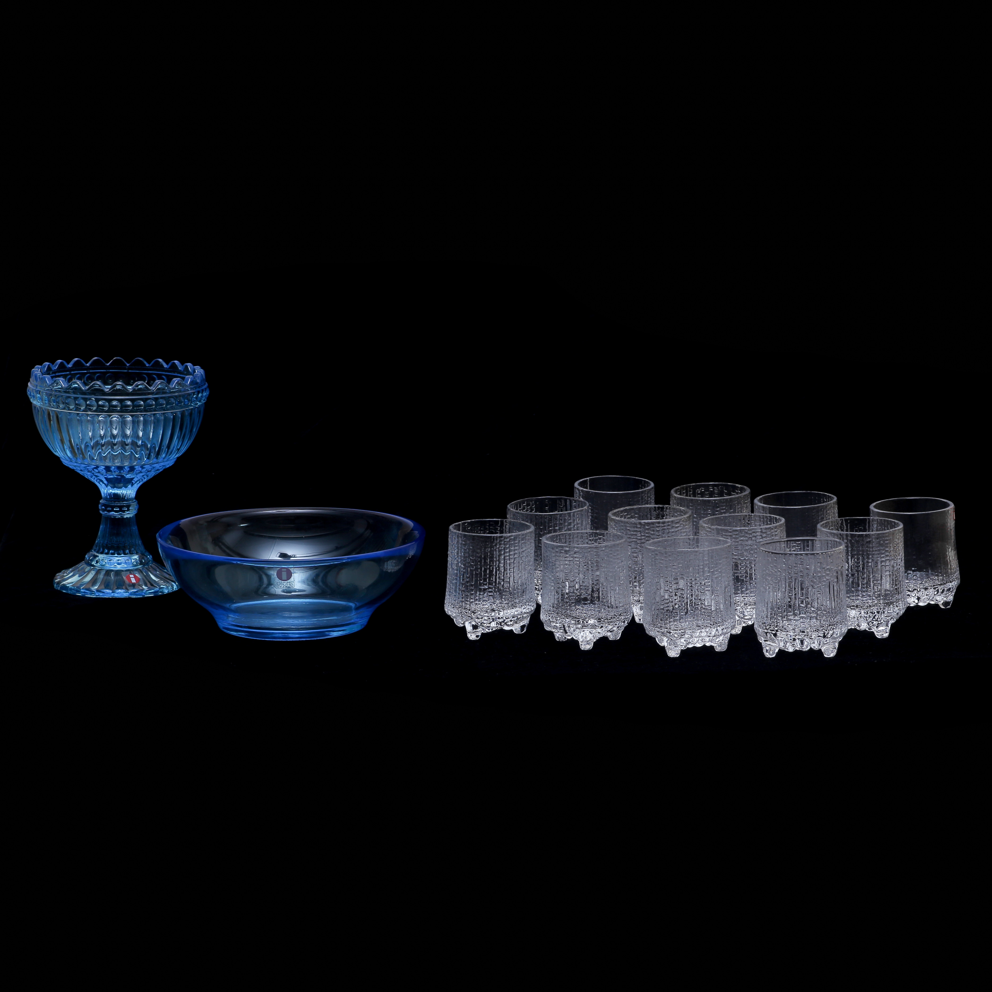 12 SNAPSGLAS "ULTIMA THULE", SKÅL "VERNA" SAMT SKÅL PÅ FOT "MARIMEKKO/MARISKOOLI" IITTALA FINLAND.