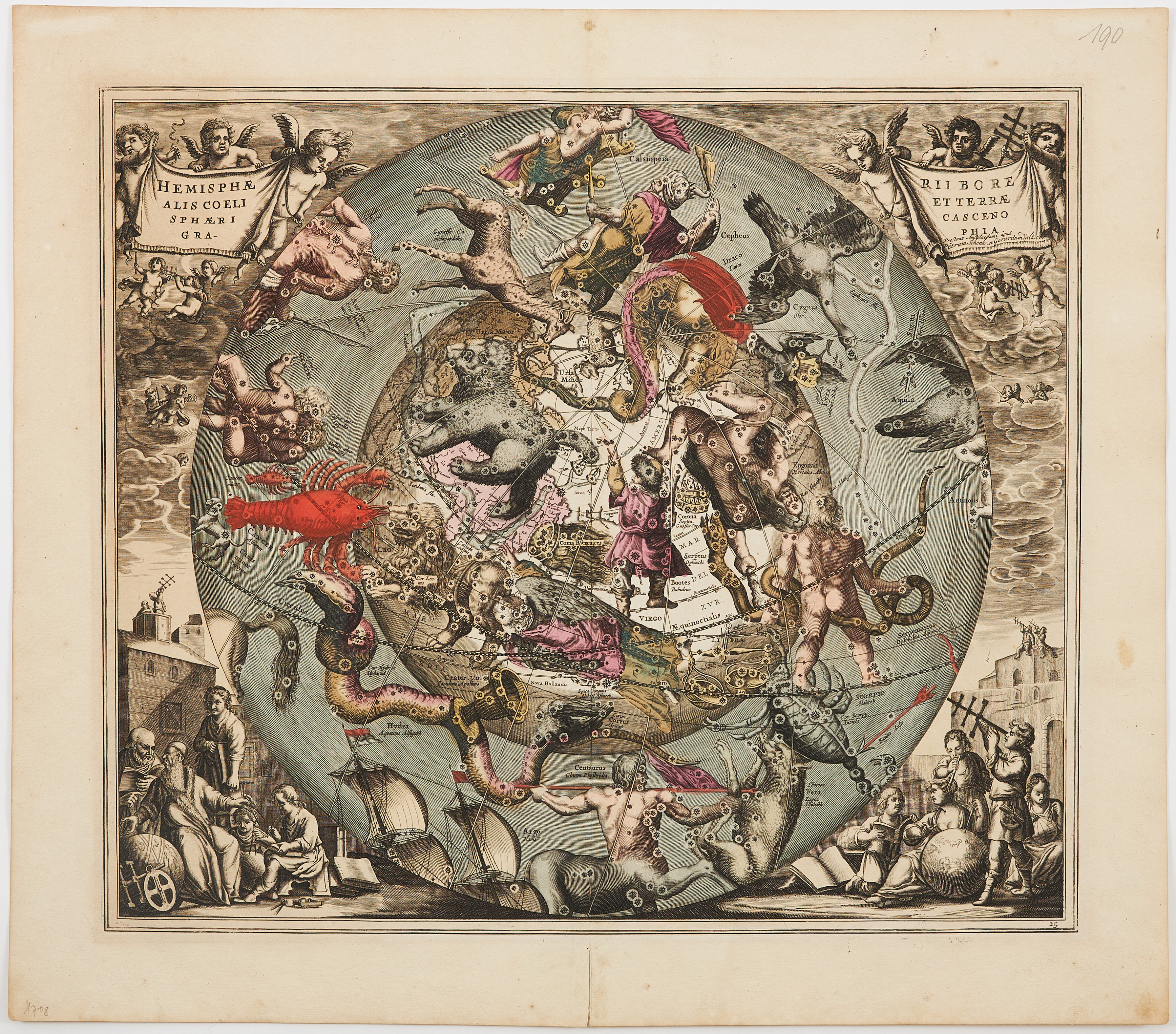 FINE CELESTIAL CHART - CELLARIUS, Hemisphaerii borealis coeli et terrae, 1708.