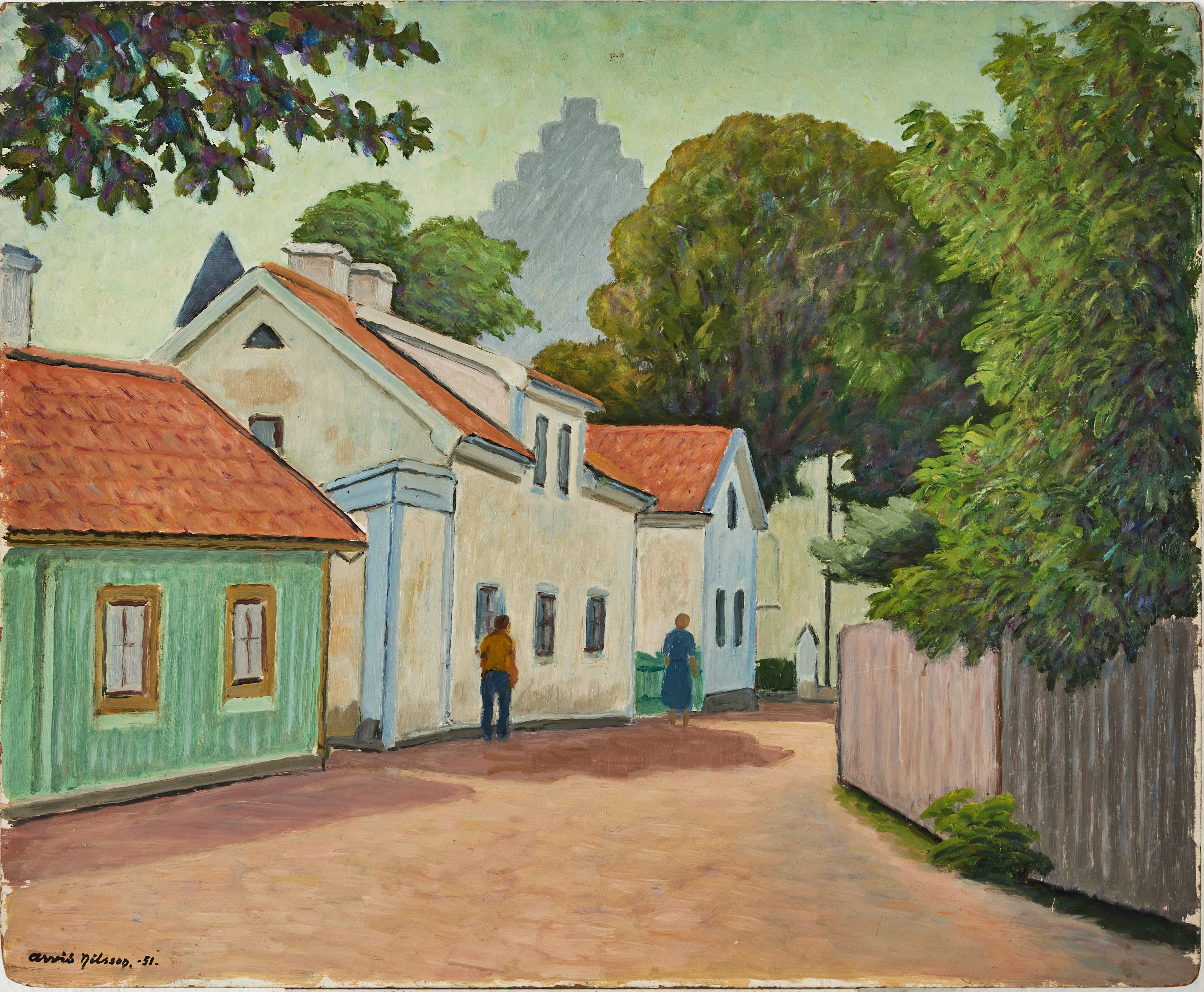 ARVID NILSSON (1881-1971). Visbymotiv med flanörer, olja på pannå.