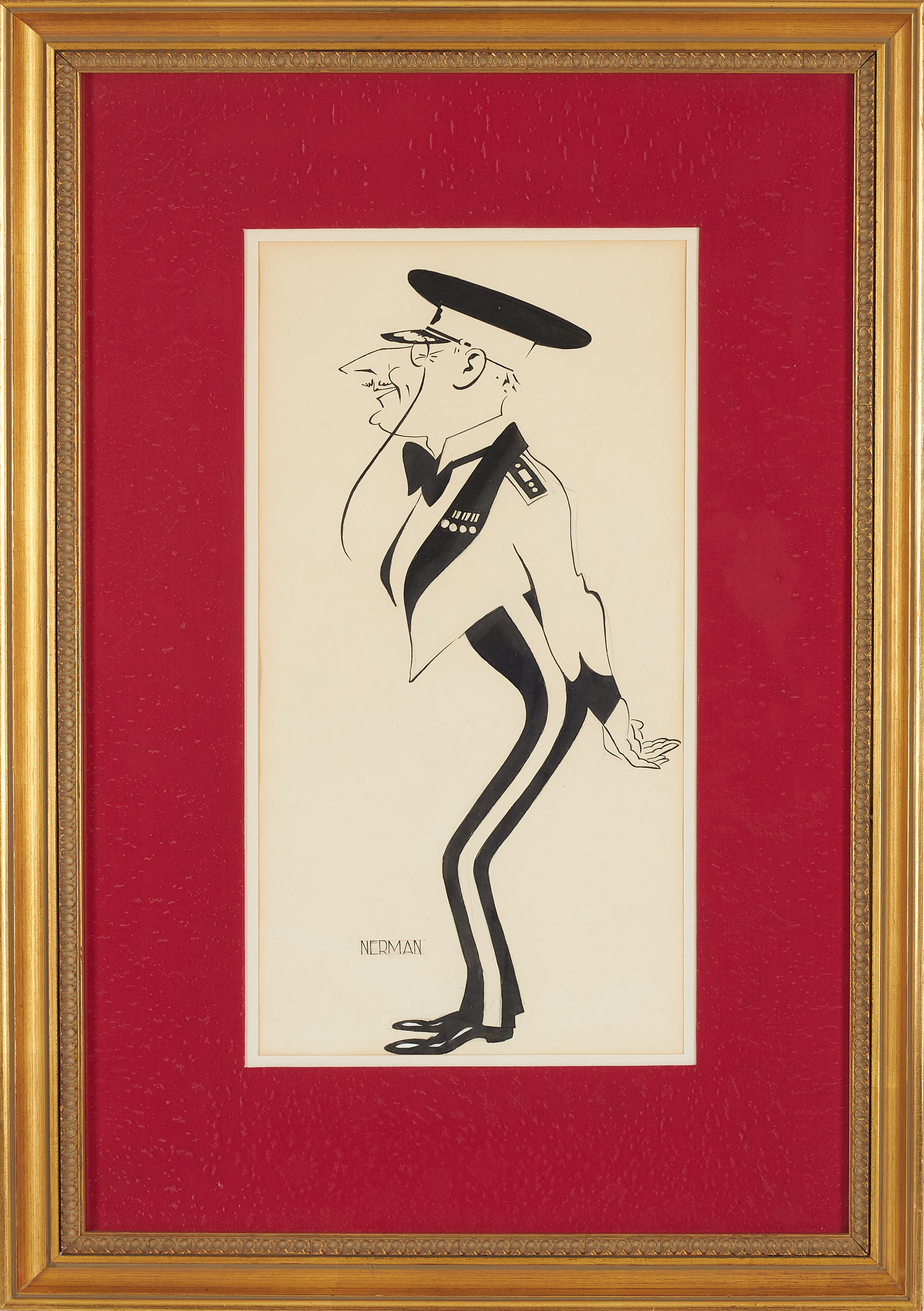 EINAR NERMAN. "Amiralen på bal", tusch och täckvitt, signerad Nerman.