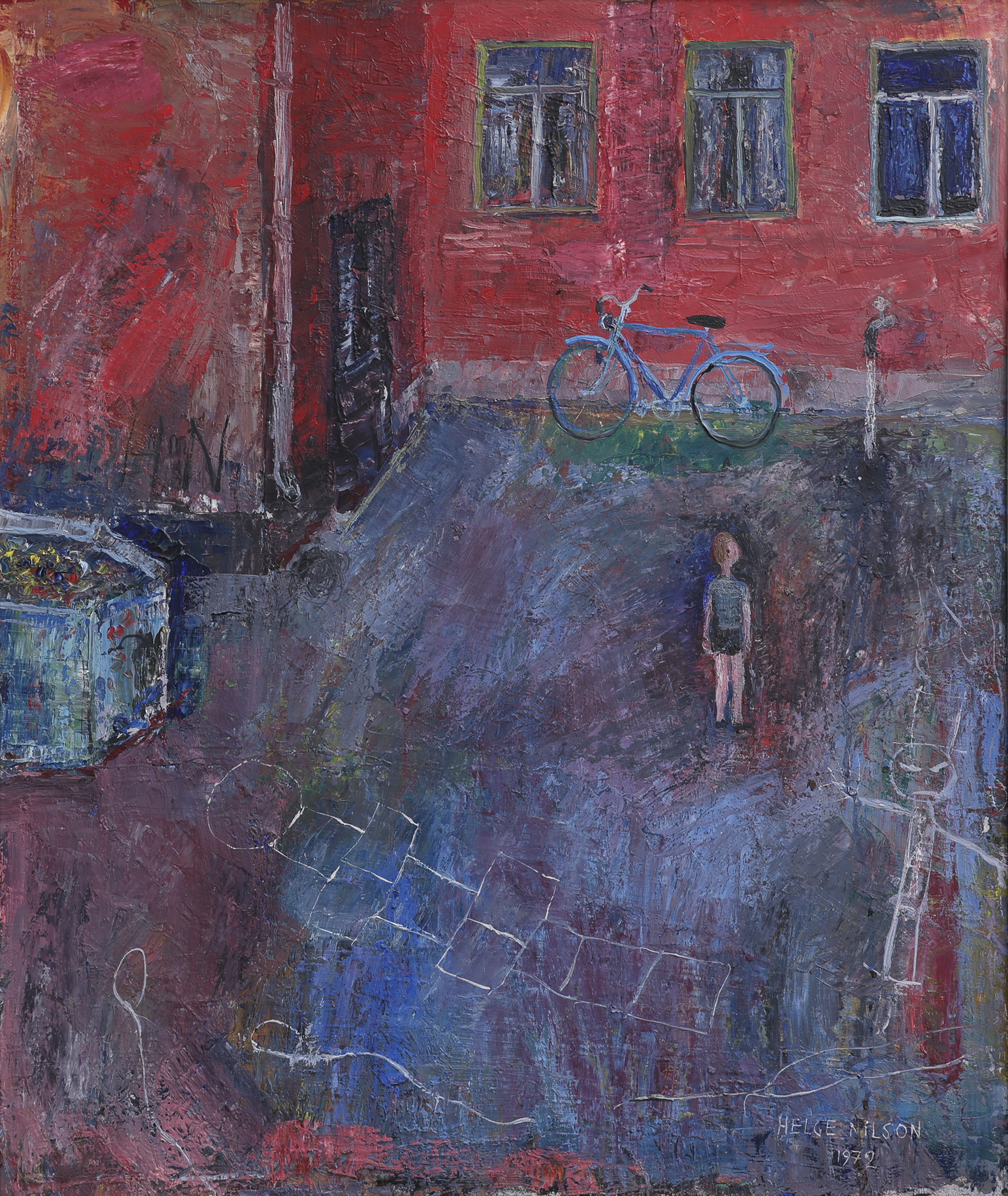 HELGE NILSON 1921-1996. OLJA PÅ PANNÅ, BARN PÅ INNERGÅRD, SIGNERAD OCH DATERAD 1972.
