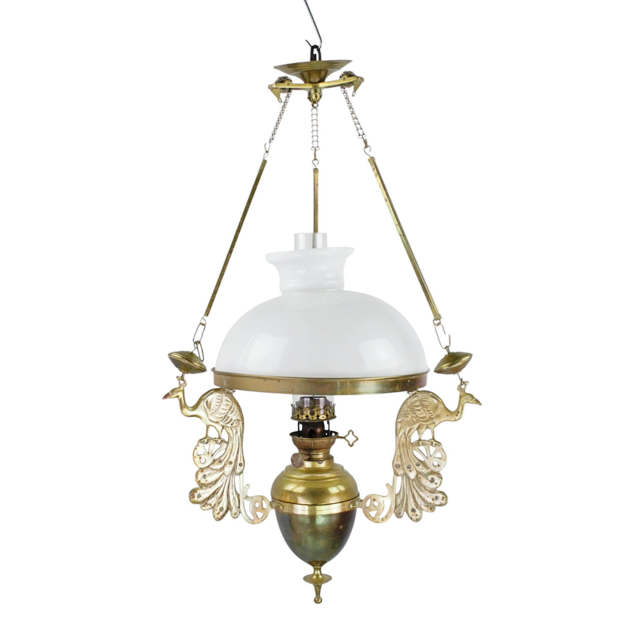 TAKFOTOGENLAMPA, stomme av mässing, med stiliserade påfåglar, metall, glas, 18/1900-tal.