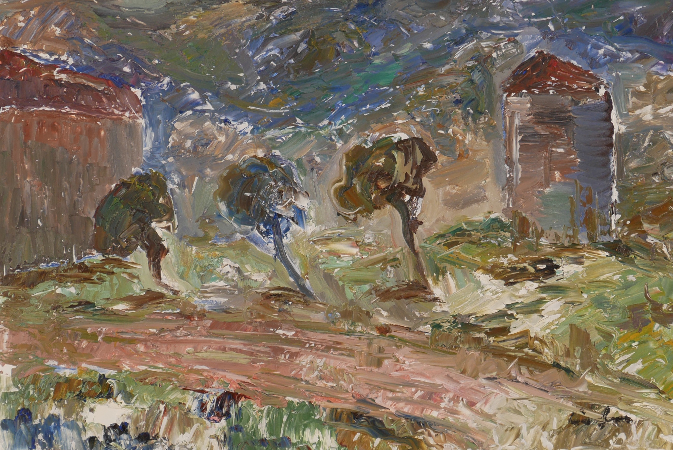 ERIK TÖRNING. Landskapskomposition med hus och träd, olja på pannå, signerad.