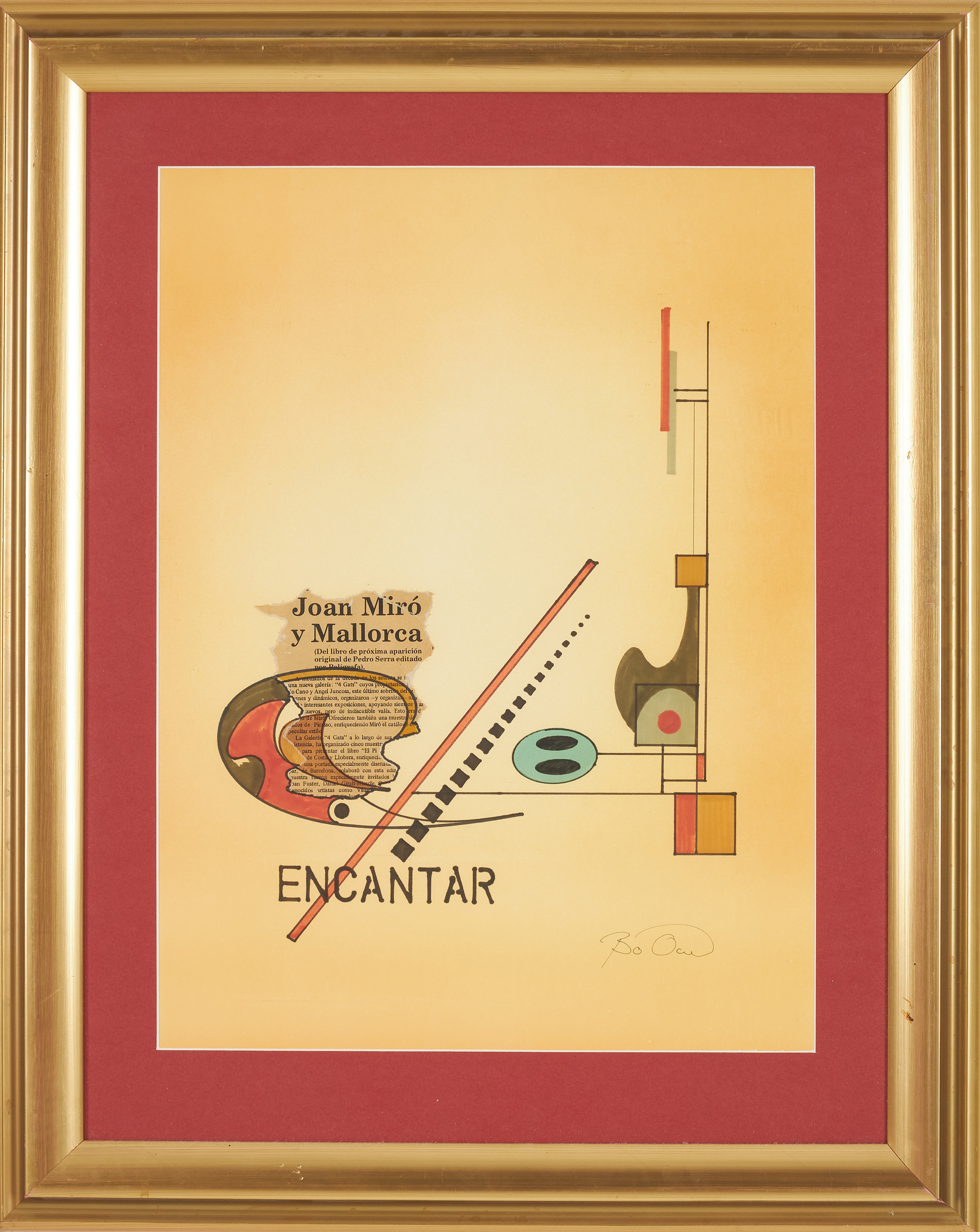 BO ÖRN. Komposition, collage, tusch, applikationer tidningsartikel Joan Míro, signerad.