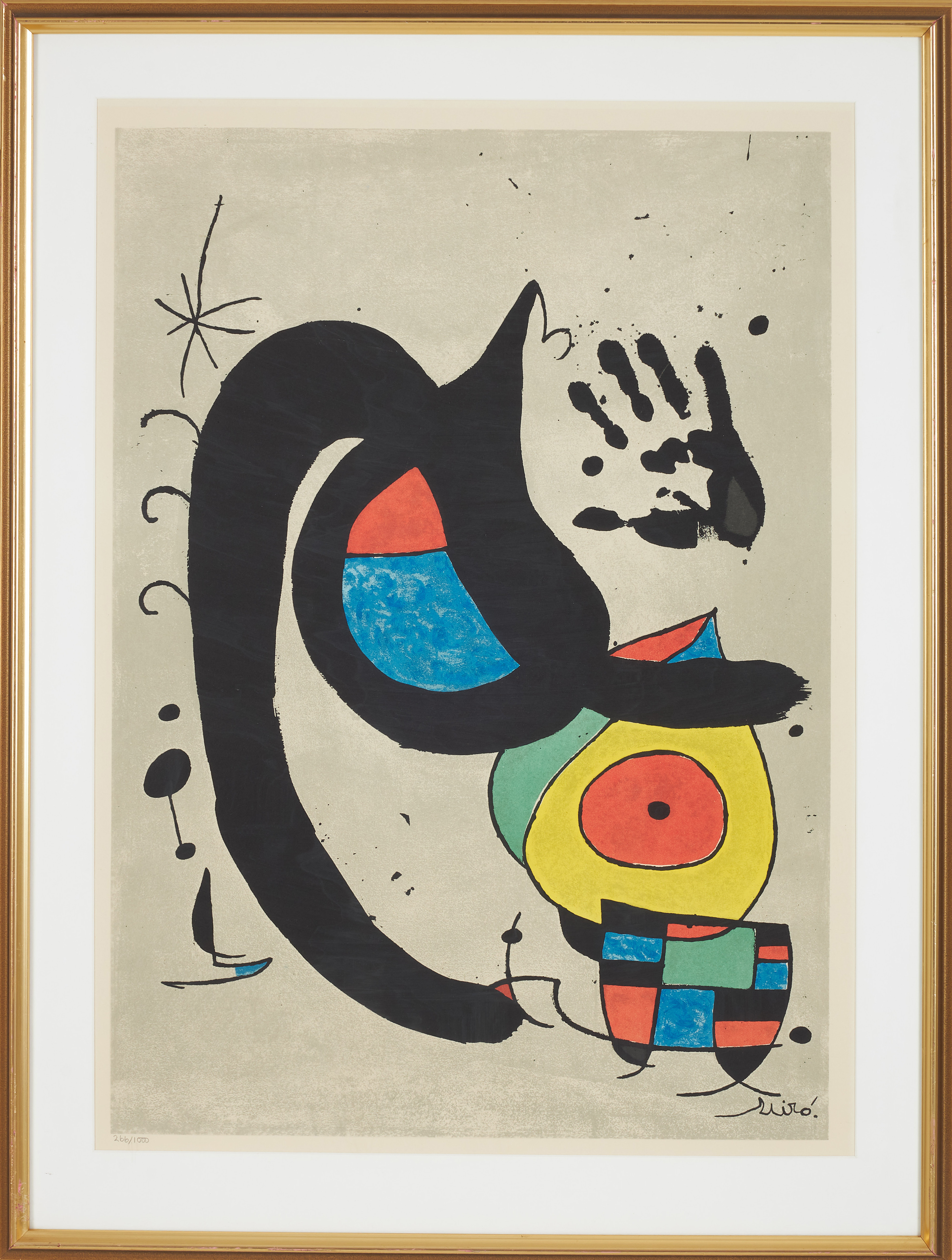JOAN MIRÓ. Komposition, "Gat i mà", efter litografi, signerad i trycket, numrerad 266/1000.