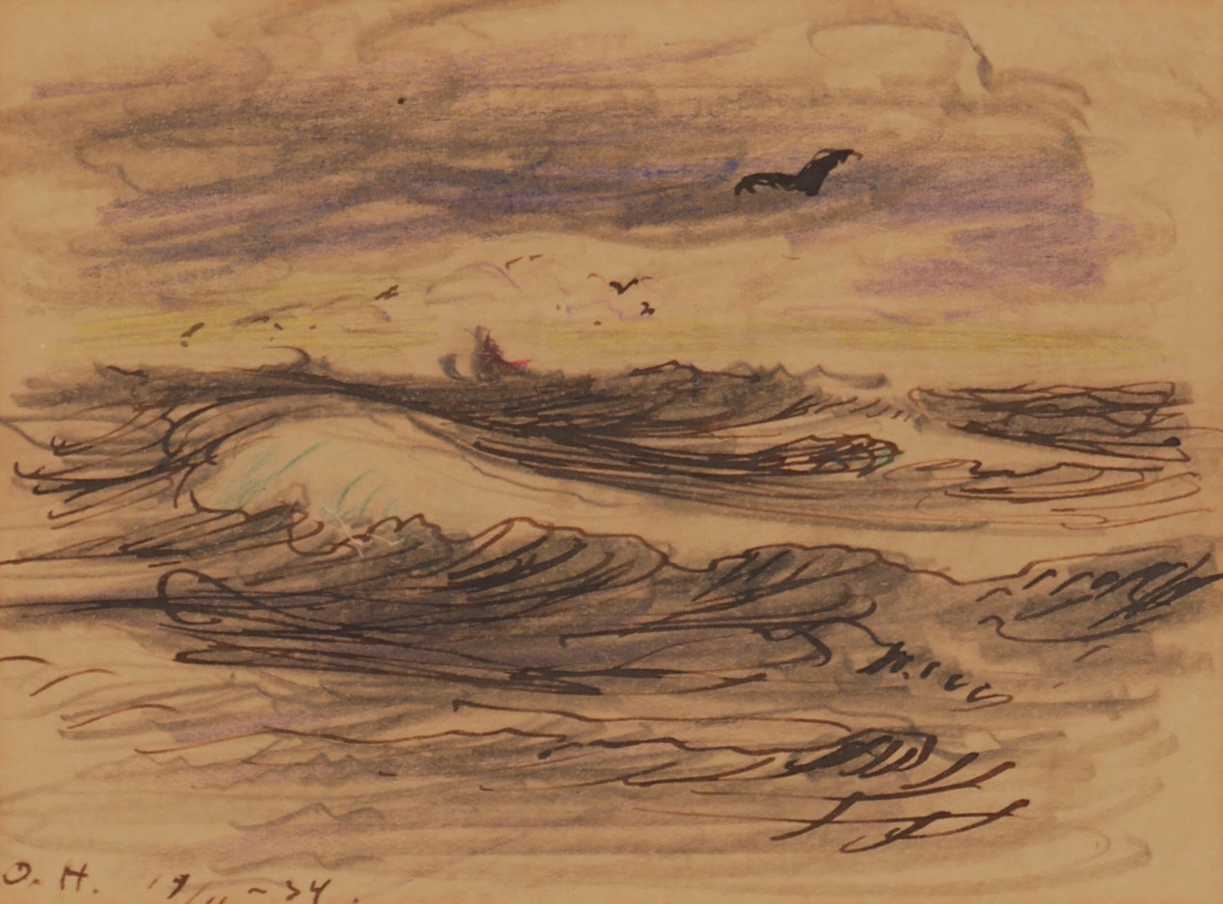 OSCAR HULLGREN. Hav med måsfåglar, krita, signerad O.H.