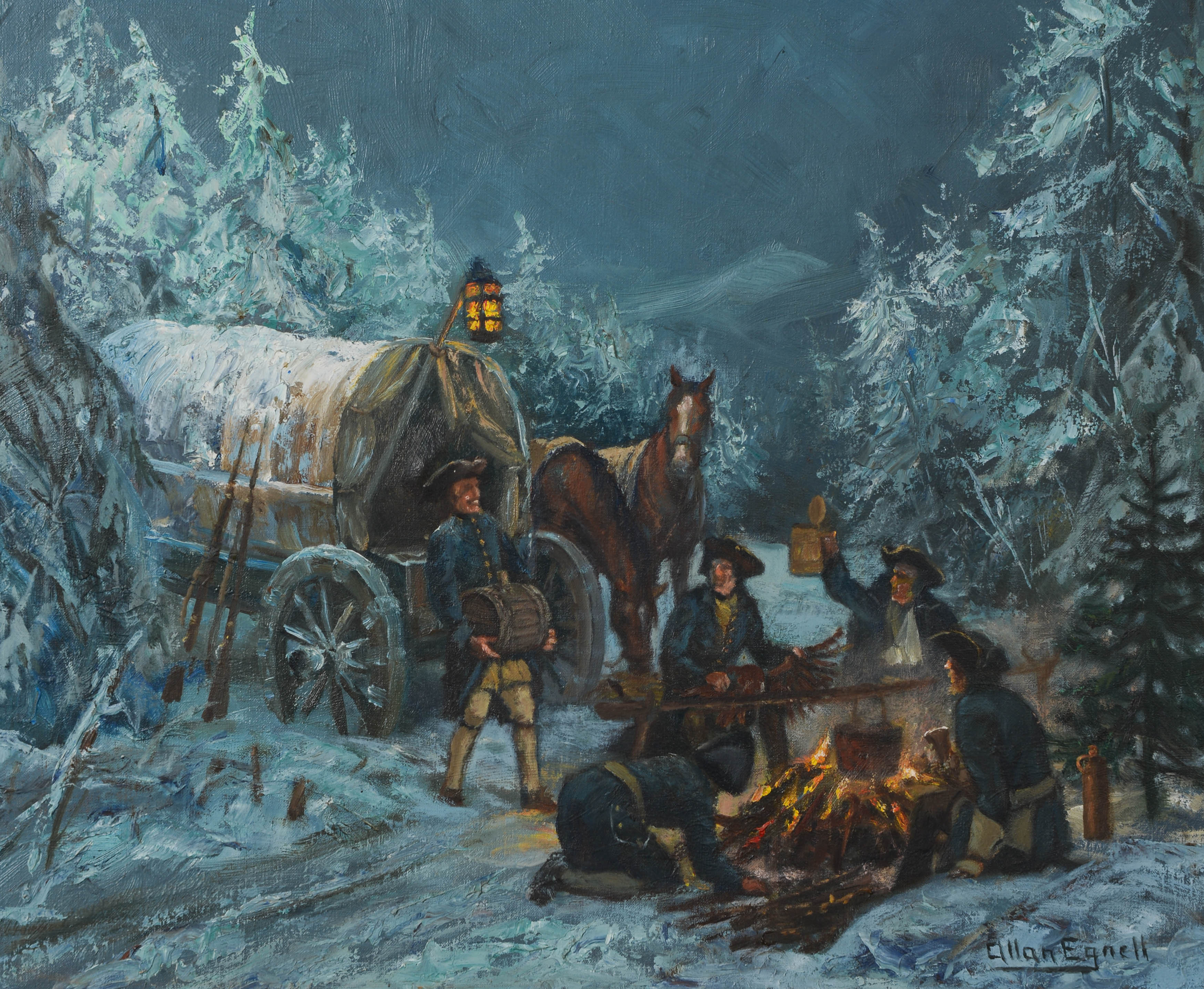 ALLAN EGNELL. Karoliner vid eldstad, olja på duk, signerad.