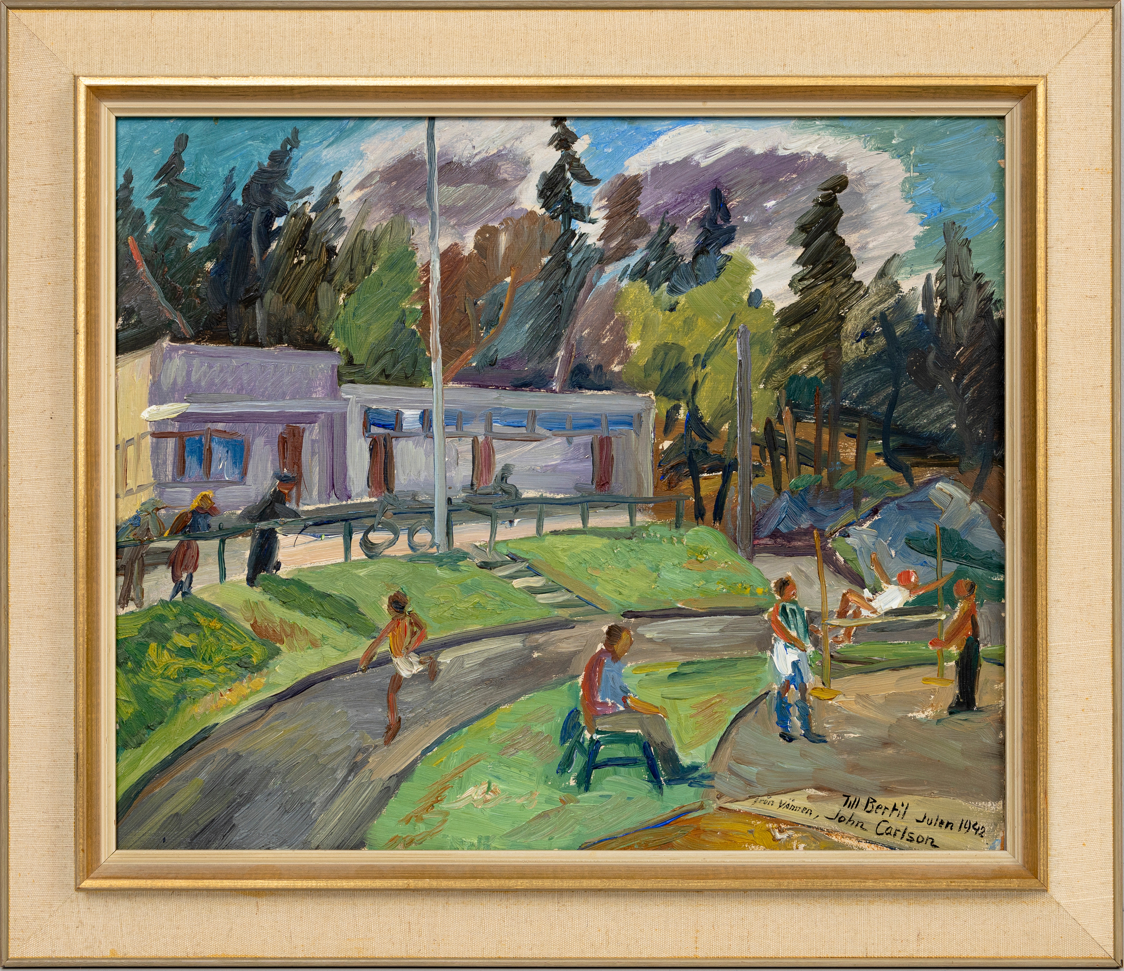 JOHN CARLSON. Motiv från Sundbybergs IP, olja på pannå, signerad, daterad 1942.