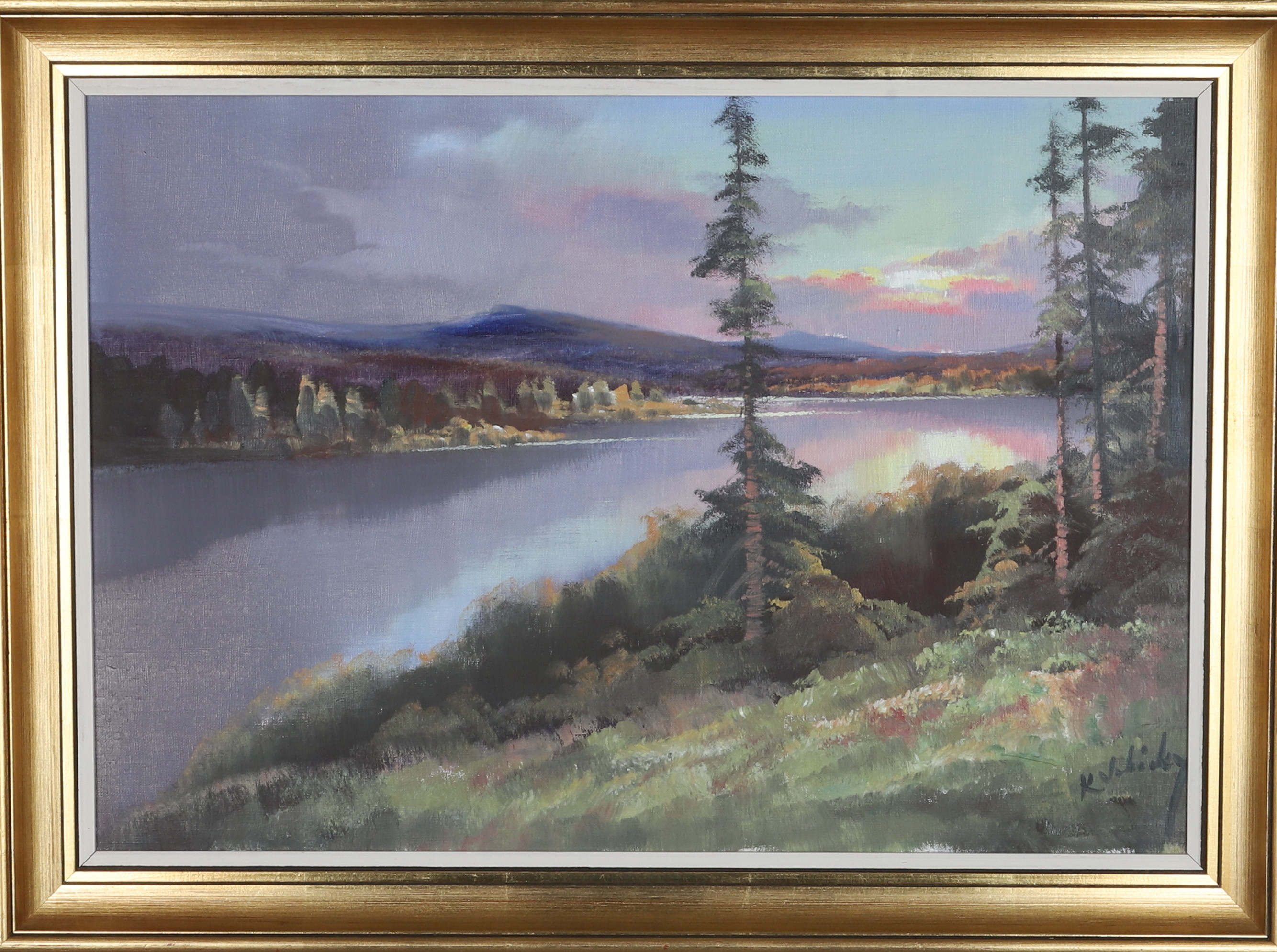 KARL VRBICKY. Olja på duk, solen över sjön, landskapsmotiv, signerad.