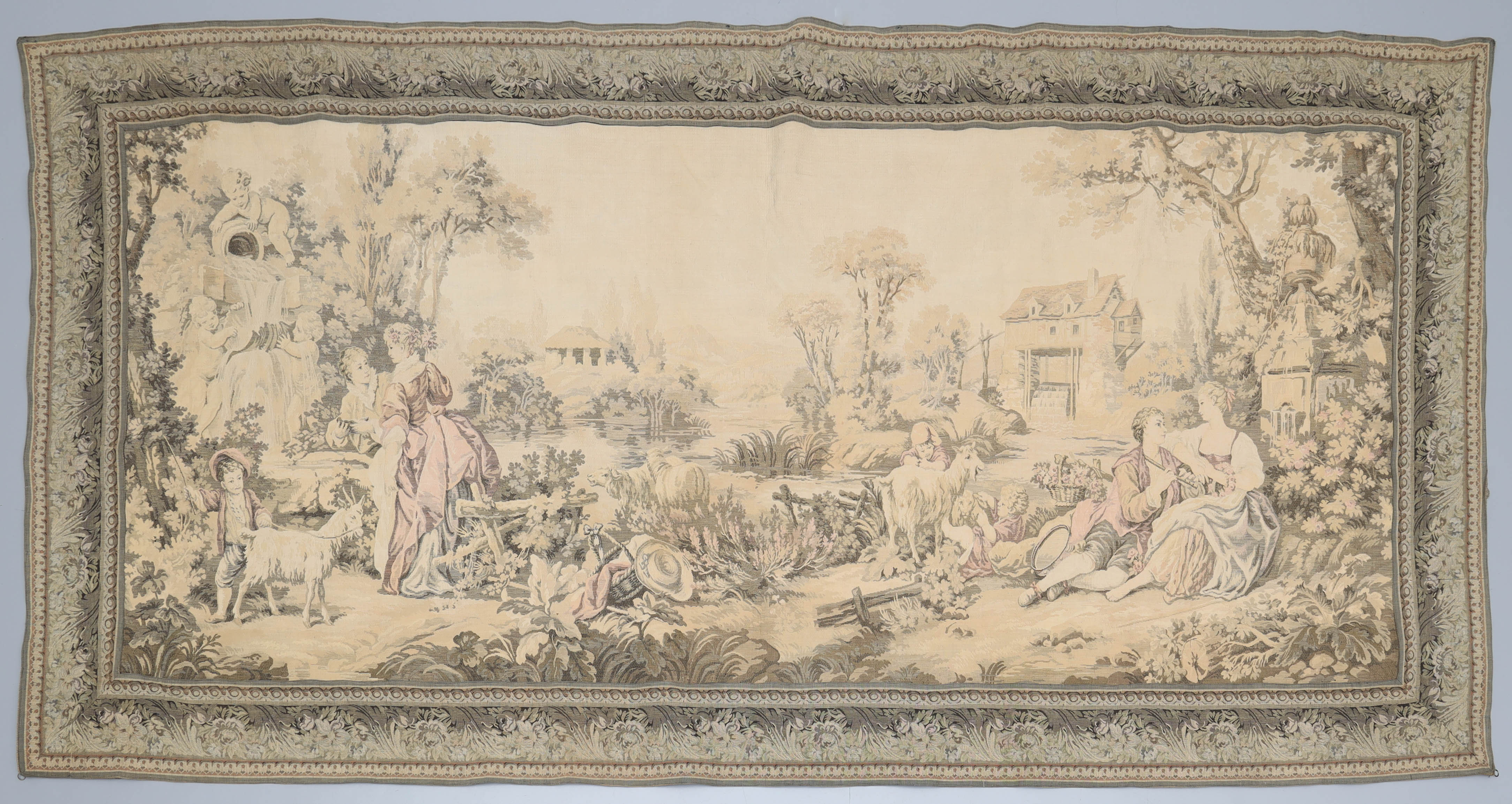 GOBELÄNG/BONAD, figurscen i landskapsmiljö, 1700-tals stil.