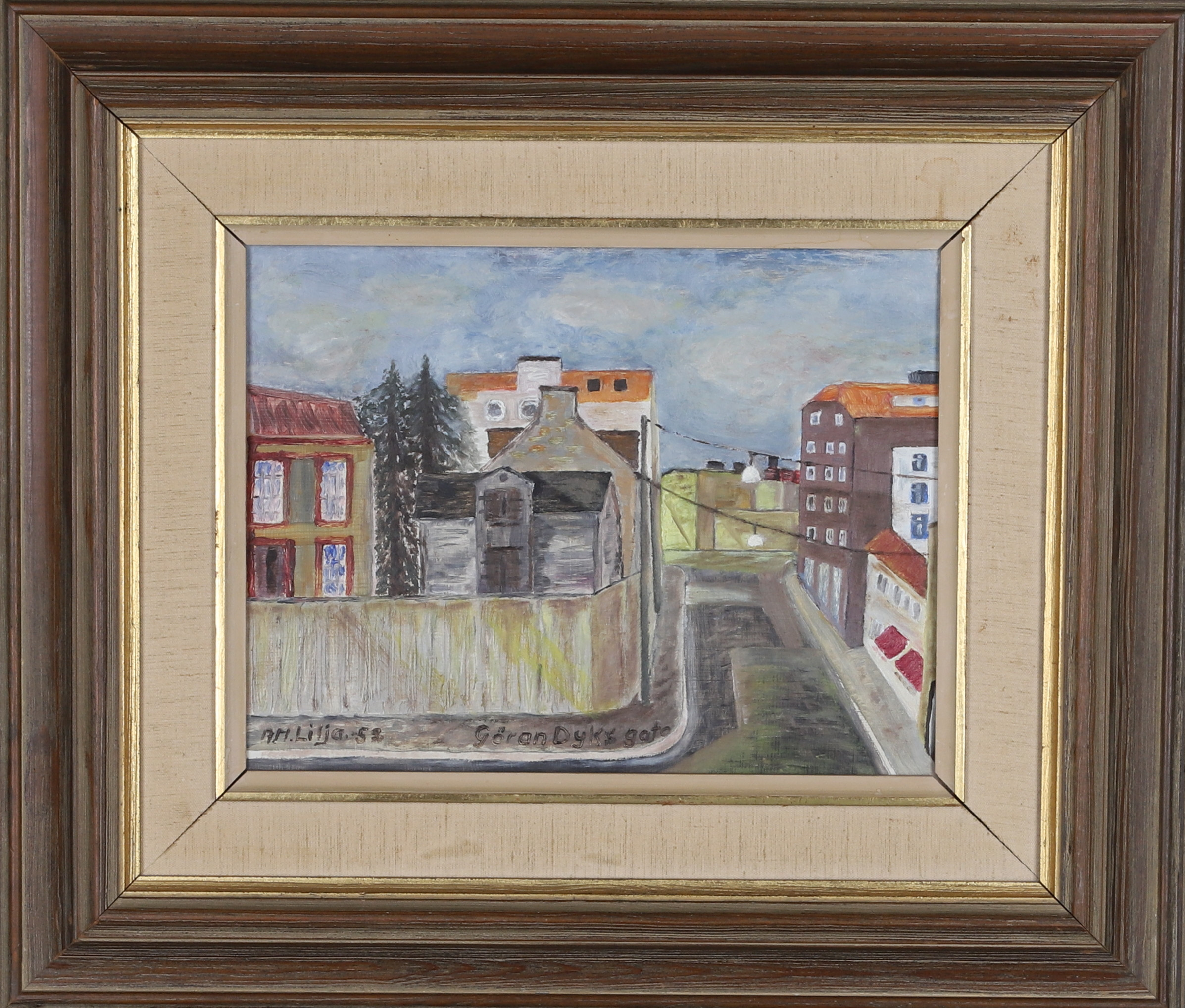 OIDENTIFIERAD KONSTNÄR, olja på pannå," Göran Dyks gata", signerad A.M.Lilja och daterad- 52.
