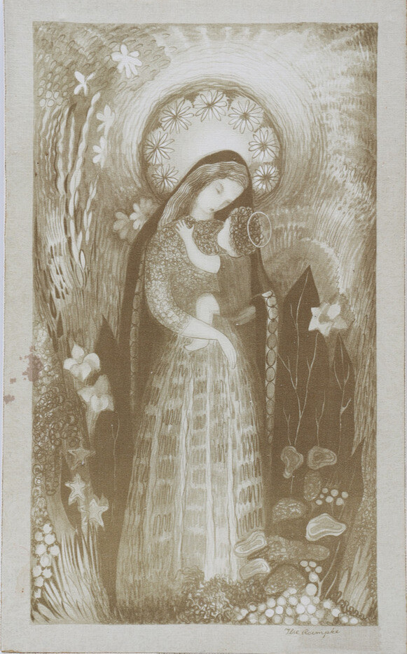 ILSE ROEMPKE. Textiltavla, tryckt motiv, madonnan och barnet.