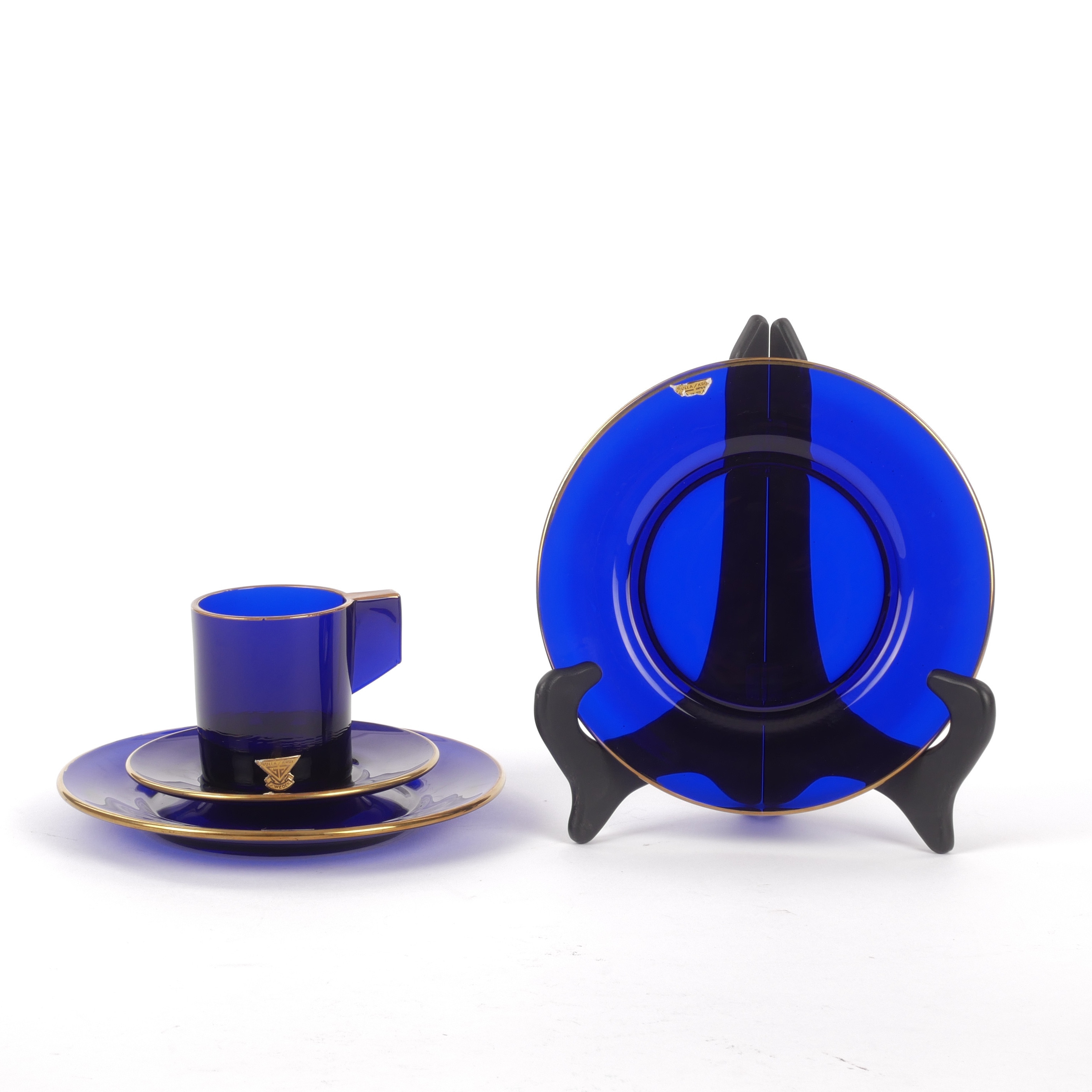 SERVIS, 33 st, koboltfärgat glas med gulddekor, Gullaskruf.