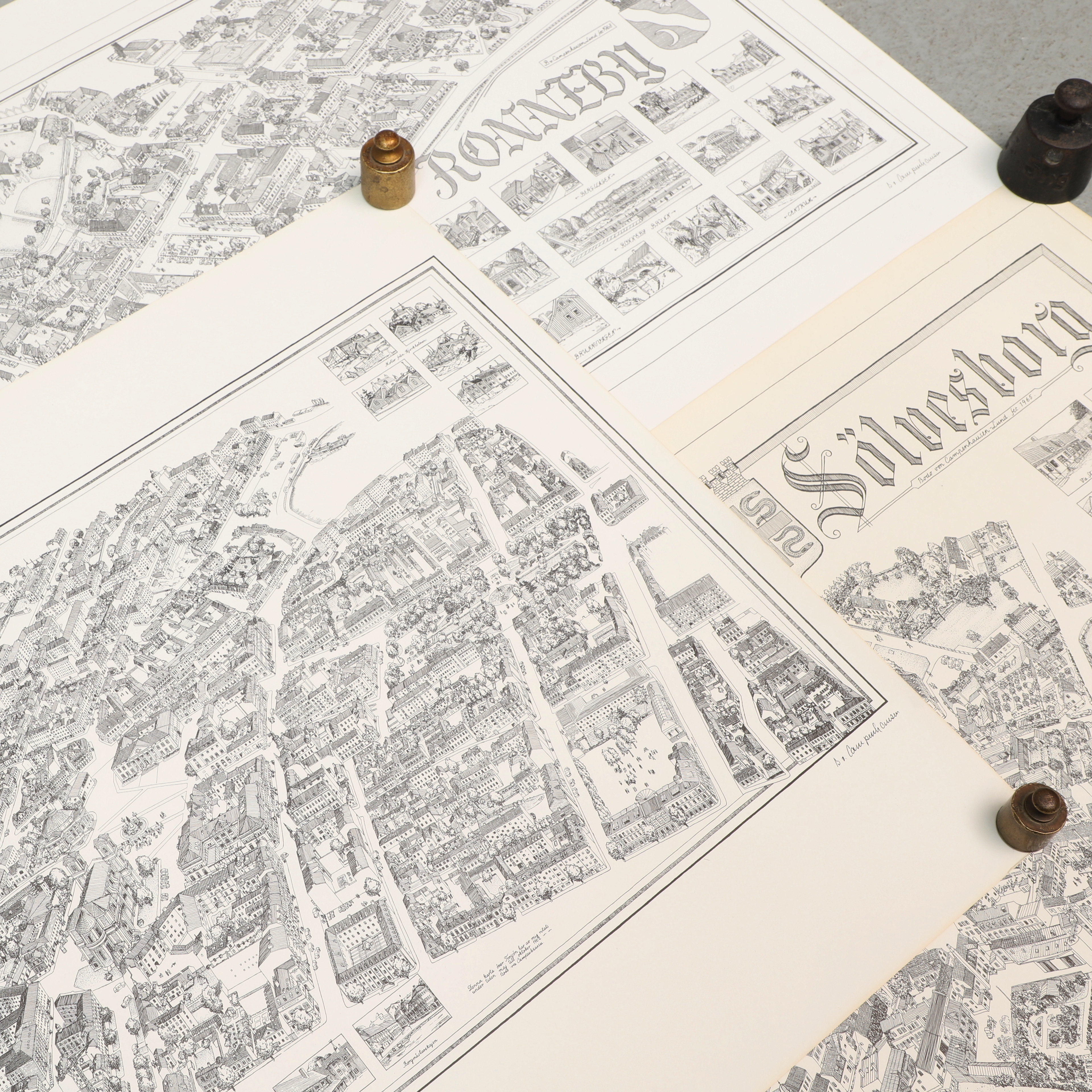 BODO VON CAMPENHAUSEN. Litografier, 3 st, Kartbilder över Blekinge, tryckt signatur.