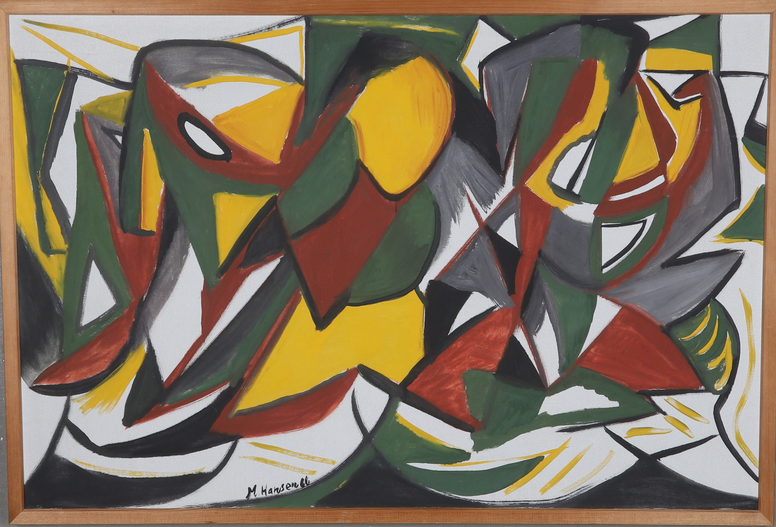 OIDENTIFIERAD KONSTNÄR, olja på duk, " Abstraktioner", signerad M. Hansen och daterad -66.