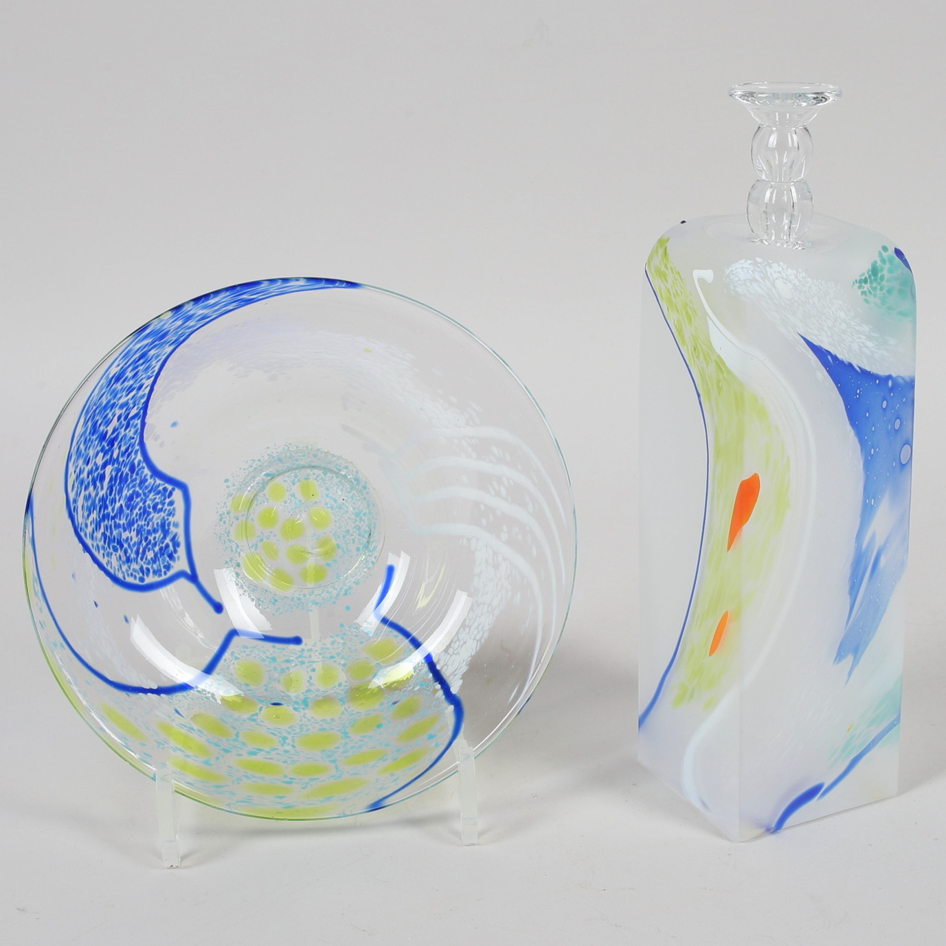 ÅSA BRANDT. Vas & skål, 2 delar, konstglas, Torshälla, Sverige.