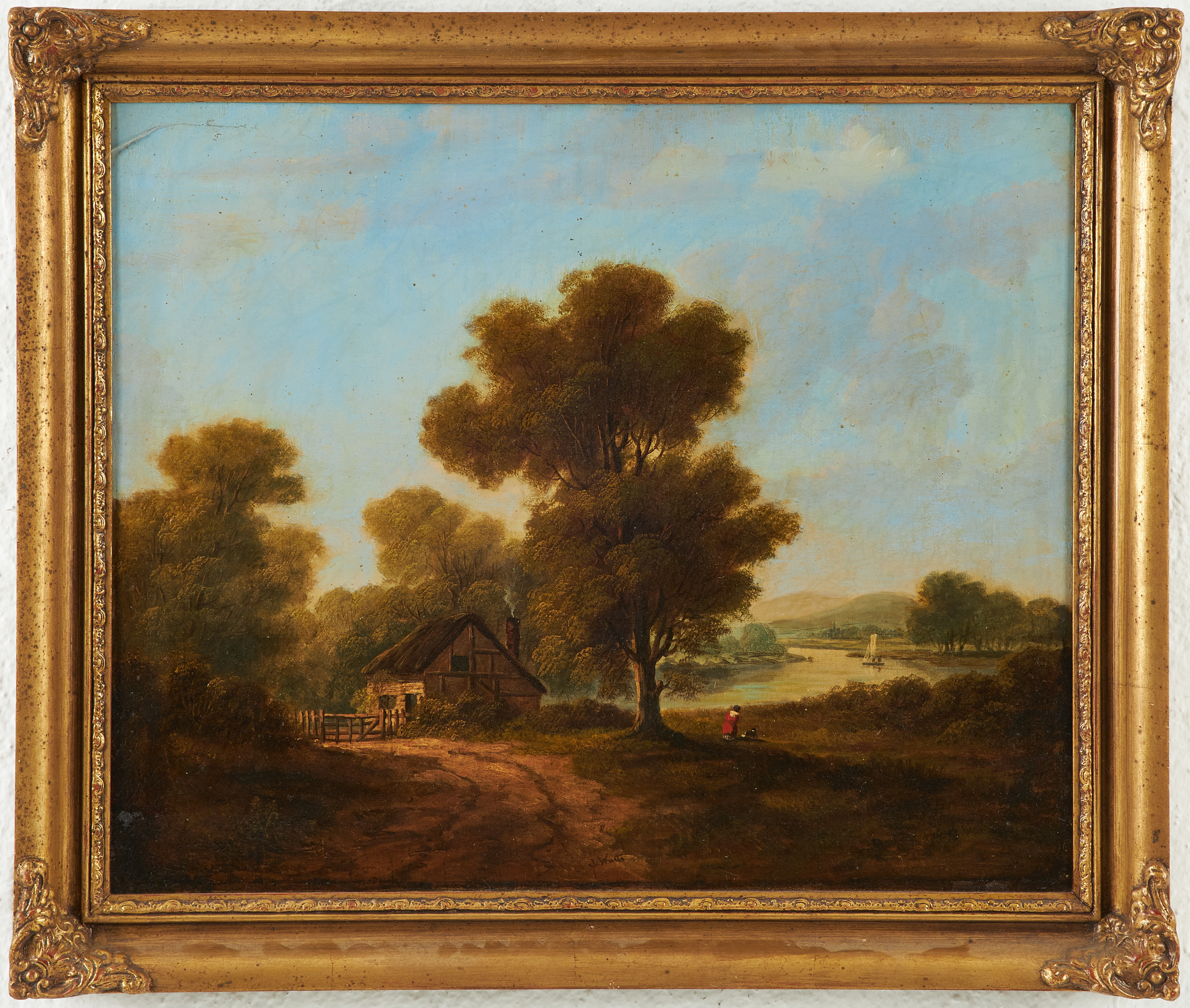 OIDENTIFIERAD KONSTNÄR, England, 1800-talets andra hälft, pastoralt flodlandskap, oljemålning på duk, signerad (troligen J eller P) Watts.