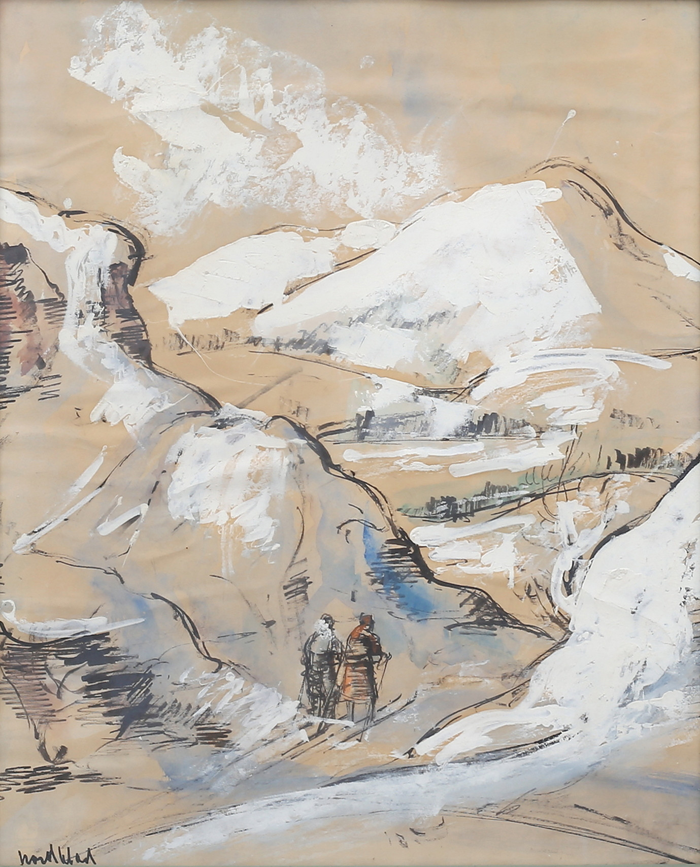 GÖSTA NORDBLAD. Bergslandskap med skidåkare. Blandteknik, signerad.